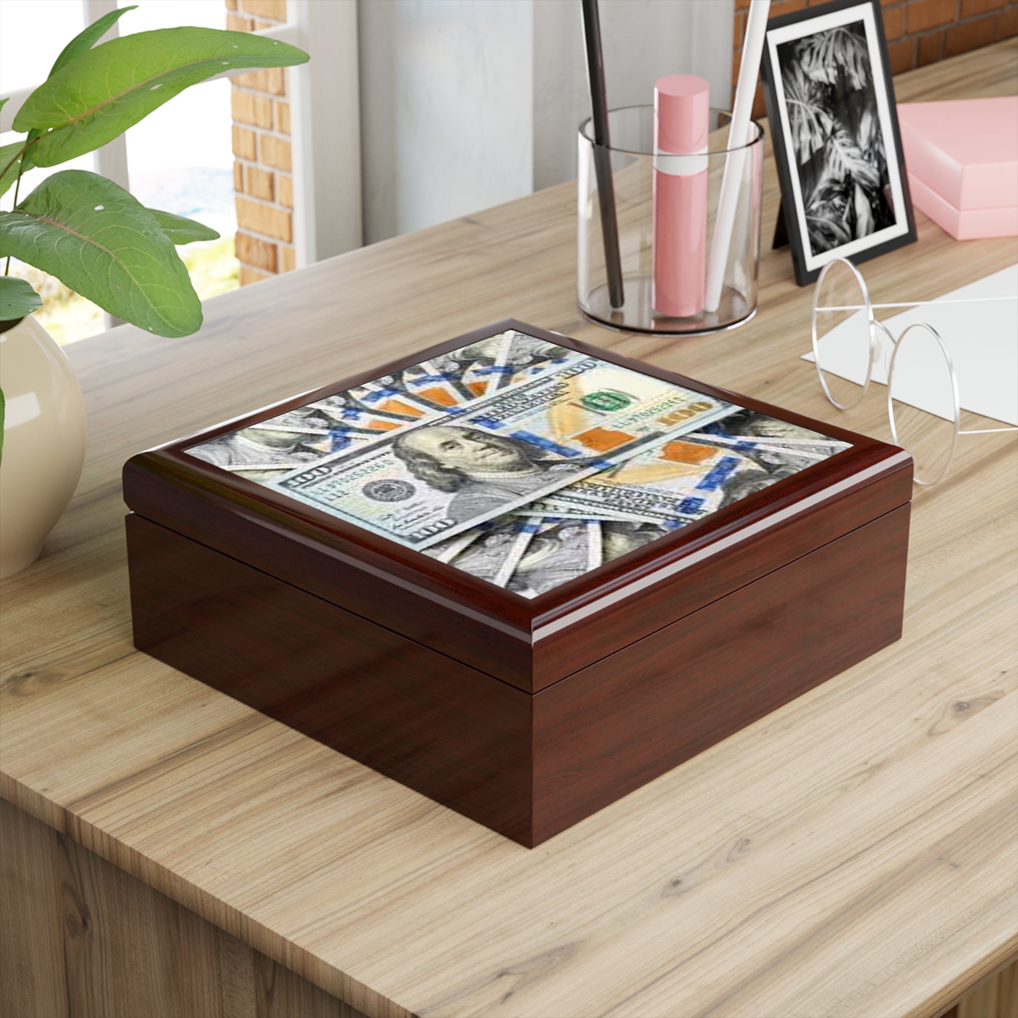 Benjamin Franklin Money Collage Jewelry Box | Black Keepsake Organizer