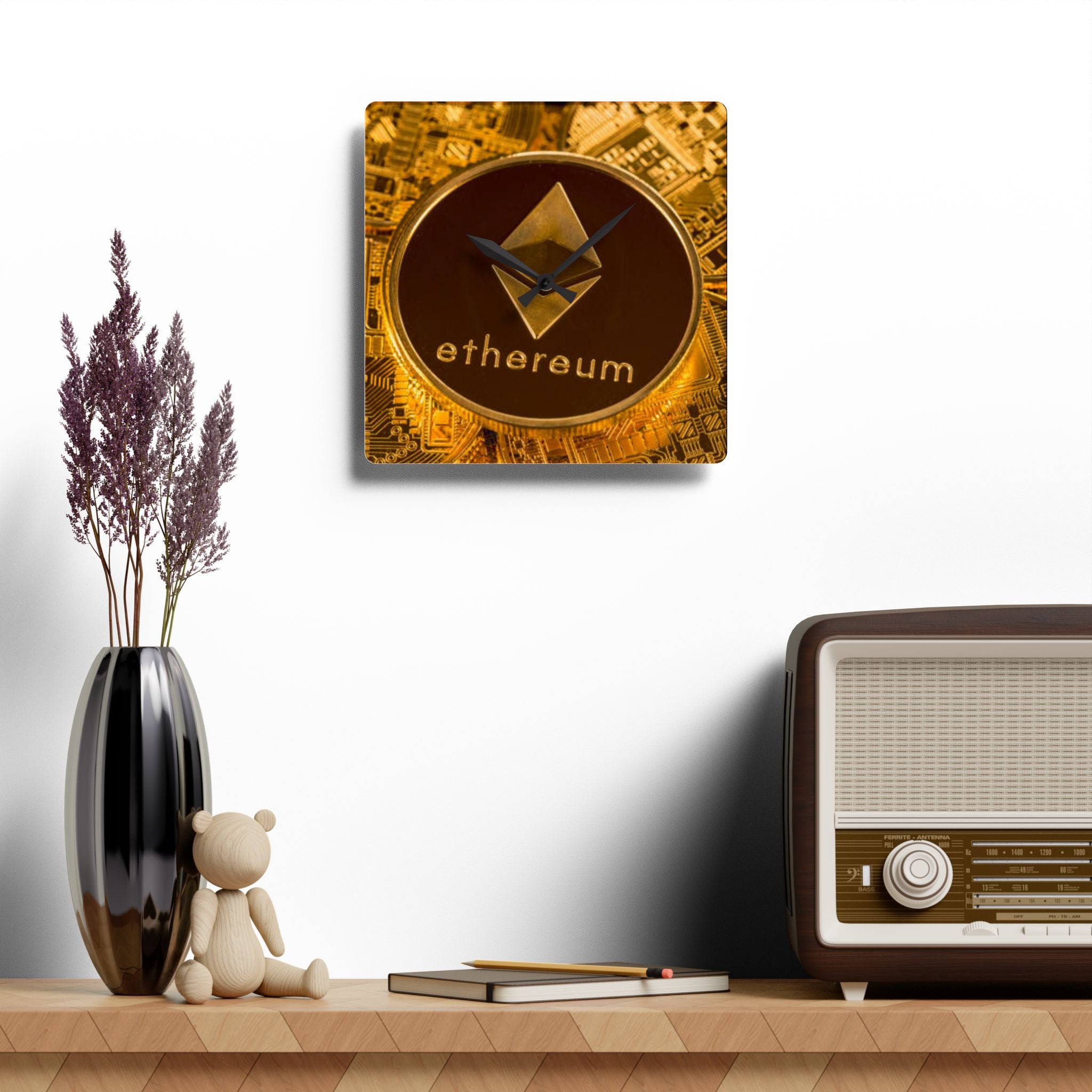 Ethereum Coin Acrylic Wall Clock | Crypto Logo Clock, Blockchain Decor