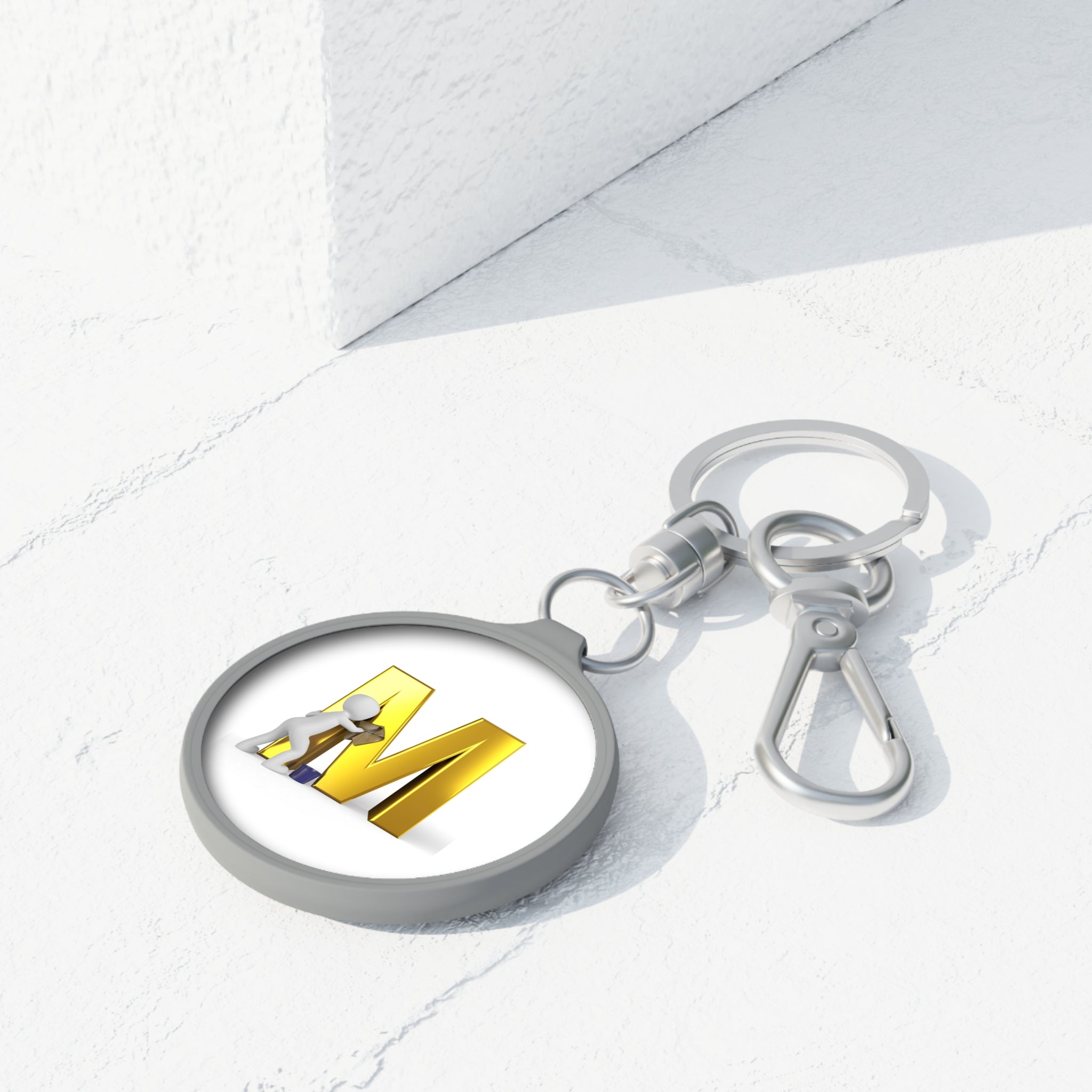 Gold Letter M with Cleaner Icon Keyring Tag | Round Keychain