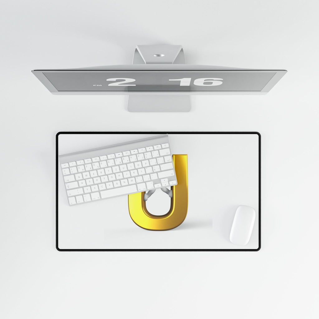Gold Letter U with Figure Desk Mat | Large Mouse Pad, Office Desk Mat