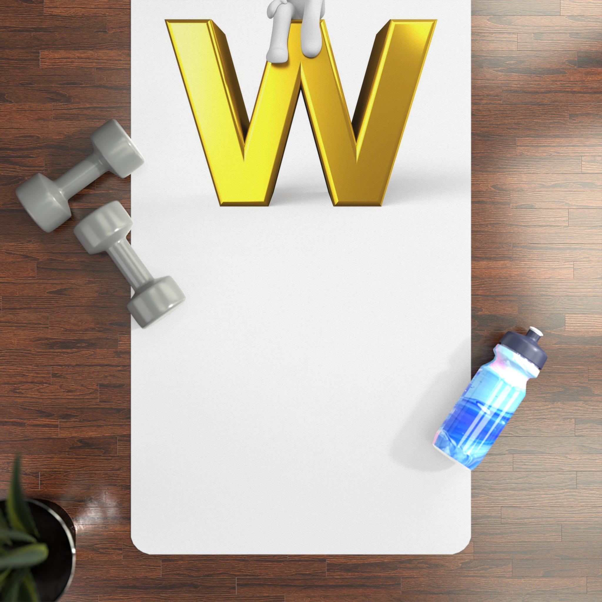 3D Stick Figure Sitting on Gold W Letter Rubber Yoga Mat | Initial W