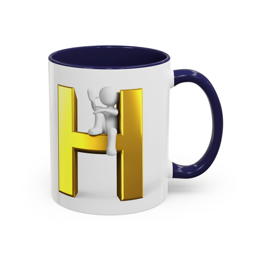 Mug en céramique avec bonhomme allumette 3D accroché à la lettre H dorée | Mug à anse de couleur