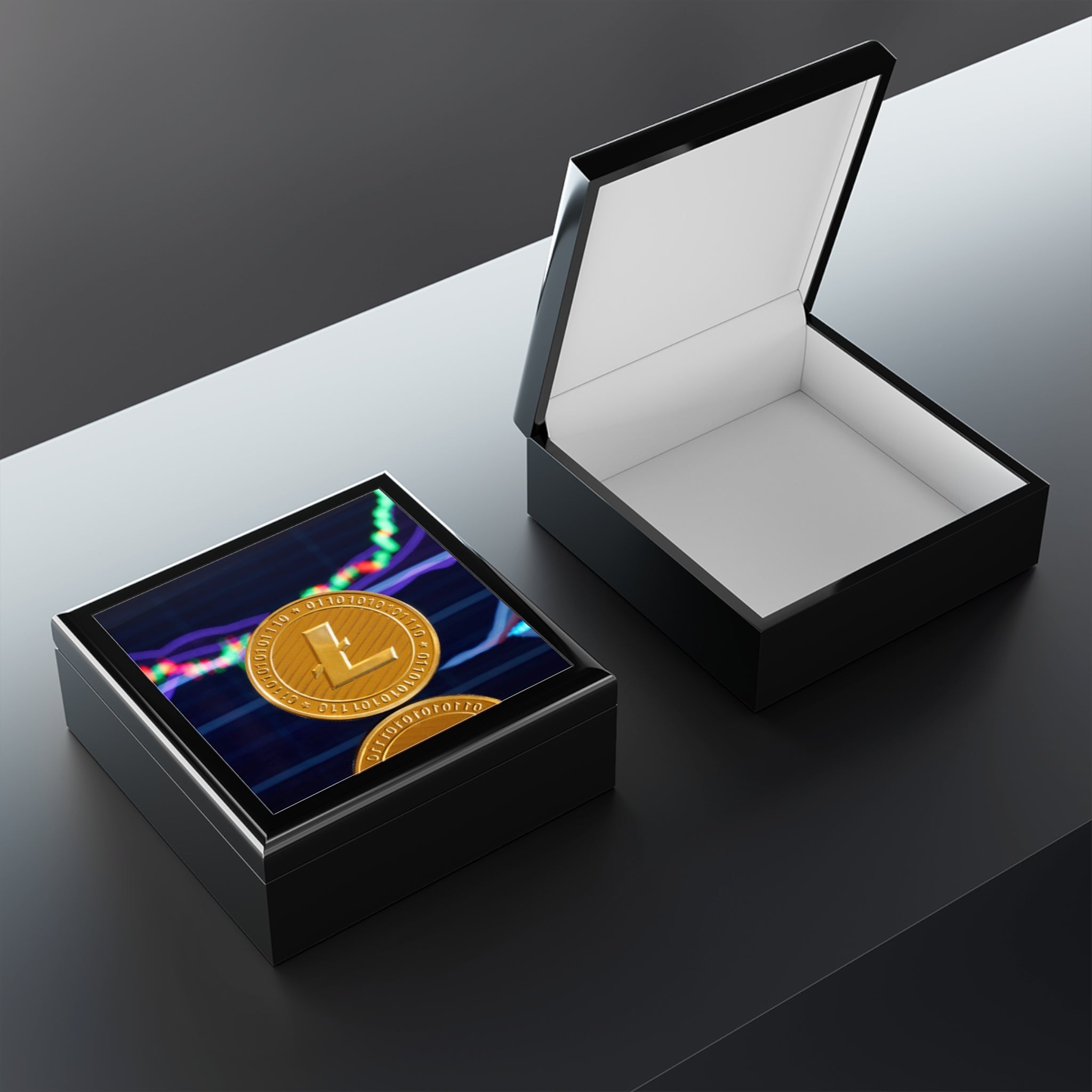 Litecoin Coin Graphic Jewelry Box | Crypto Coin Design, Trading Chart