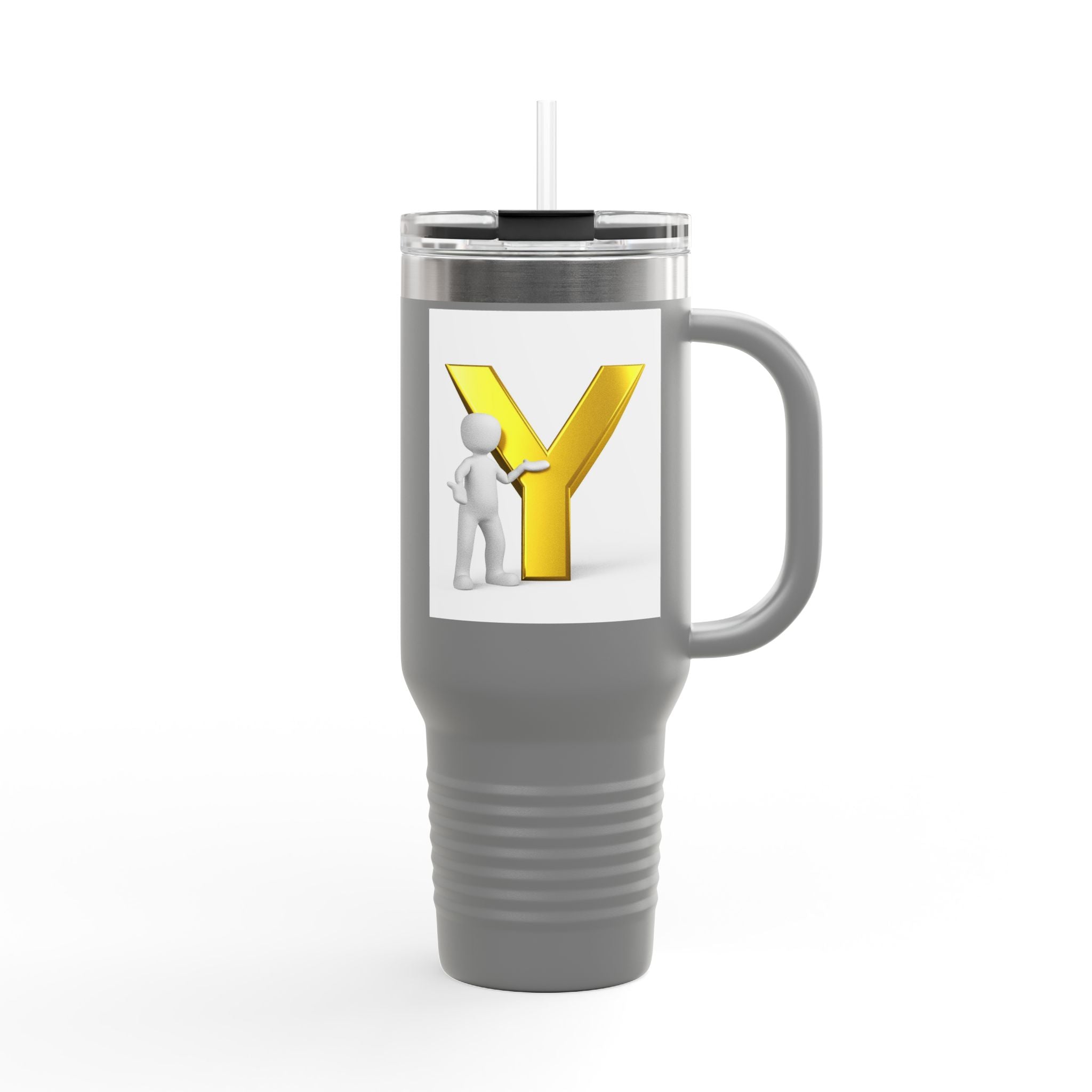 Yellow 3D Letter Y with Figure Travel Mug