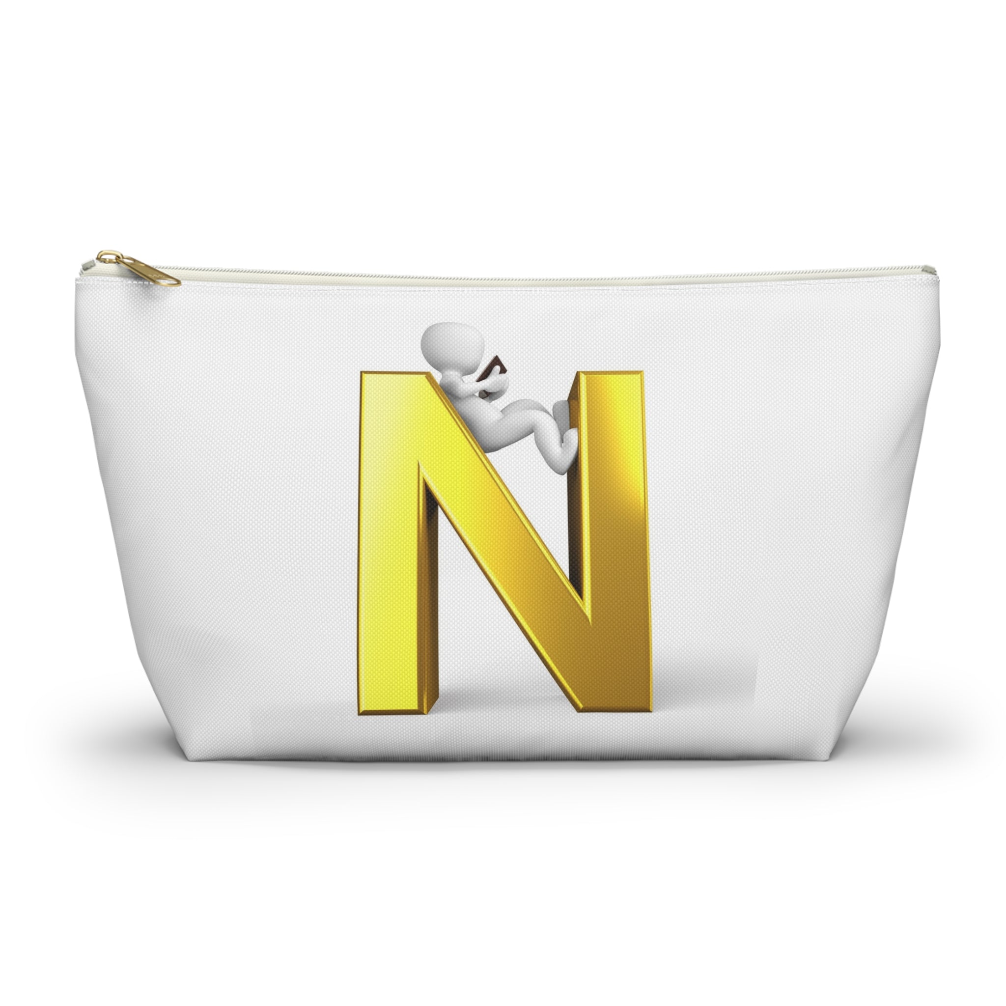 Gold Letter N with Climbing Figure Accessory Pouch | Monogram Makeup Bag