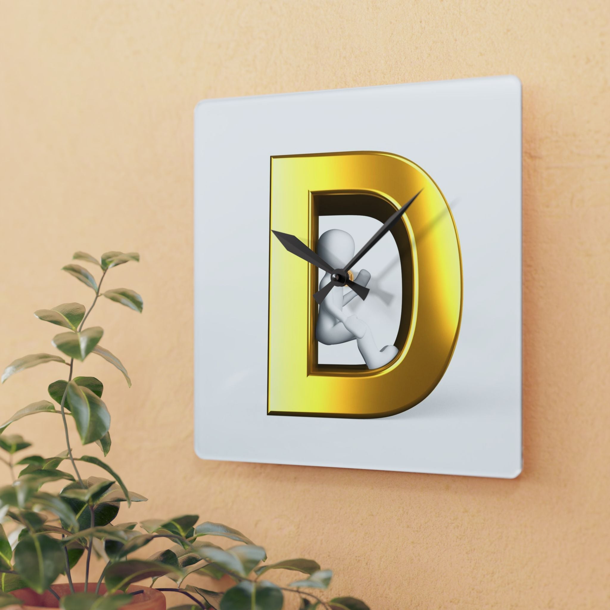 Gold Letter D with 3D Figure Acrylic Wall Clock | Monogram Initial Decor