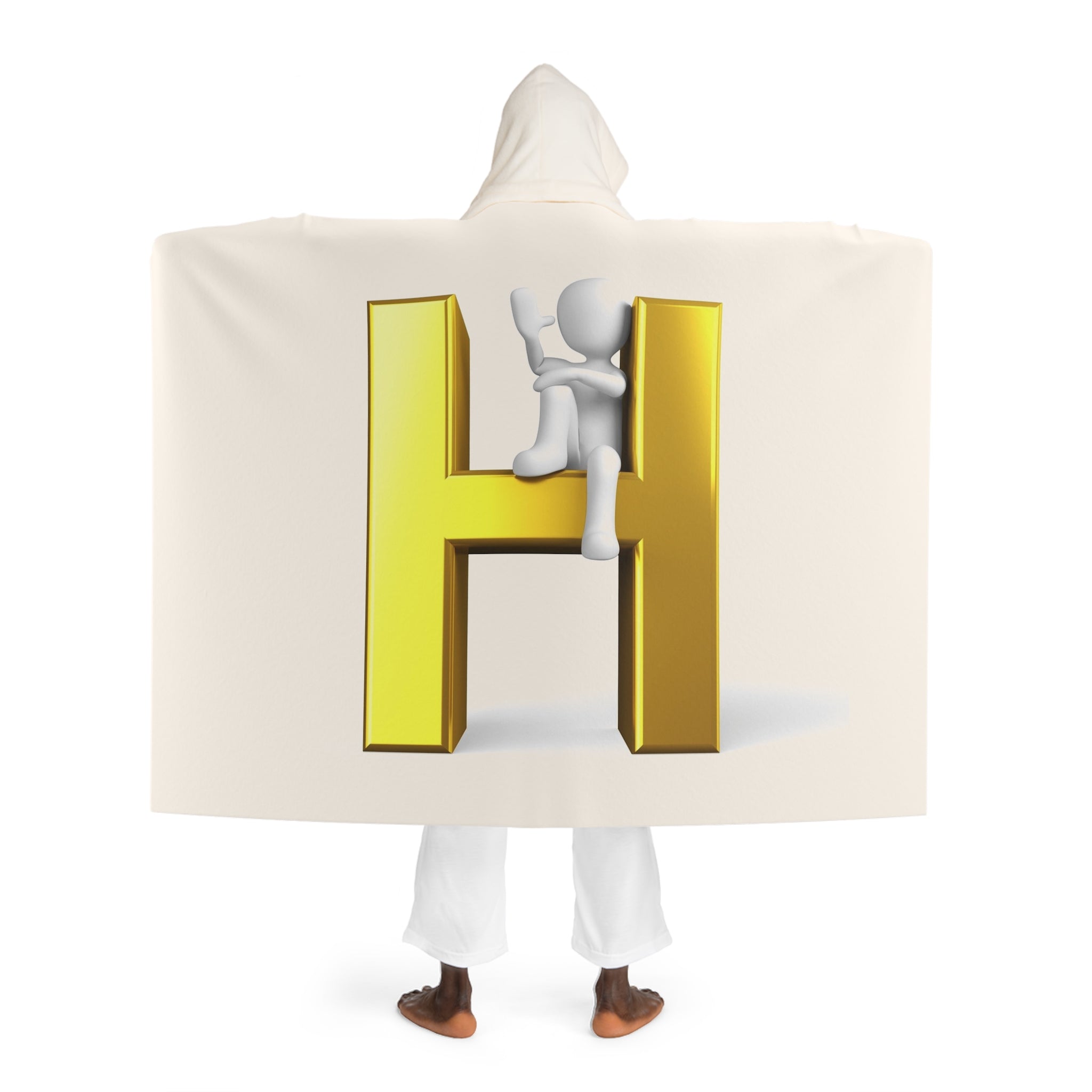 Cream Hooded Sherpa Fleece Blanket | Gold Letter H With Figure