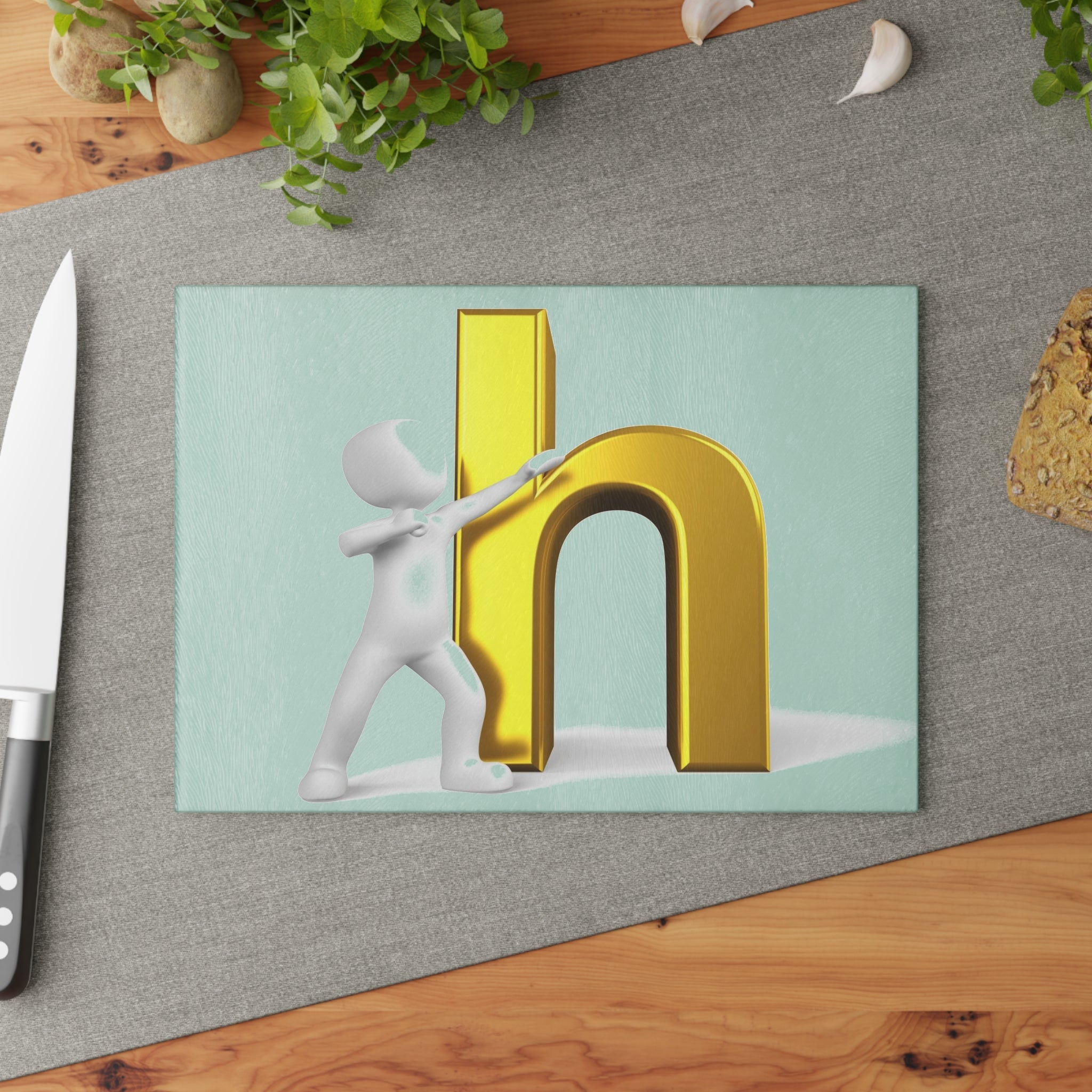 3D Figure Pushing Gold Letter H Glass Cutting Board | Alphabet Kitchen Décor
