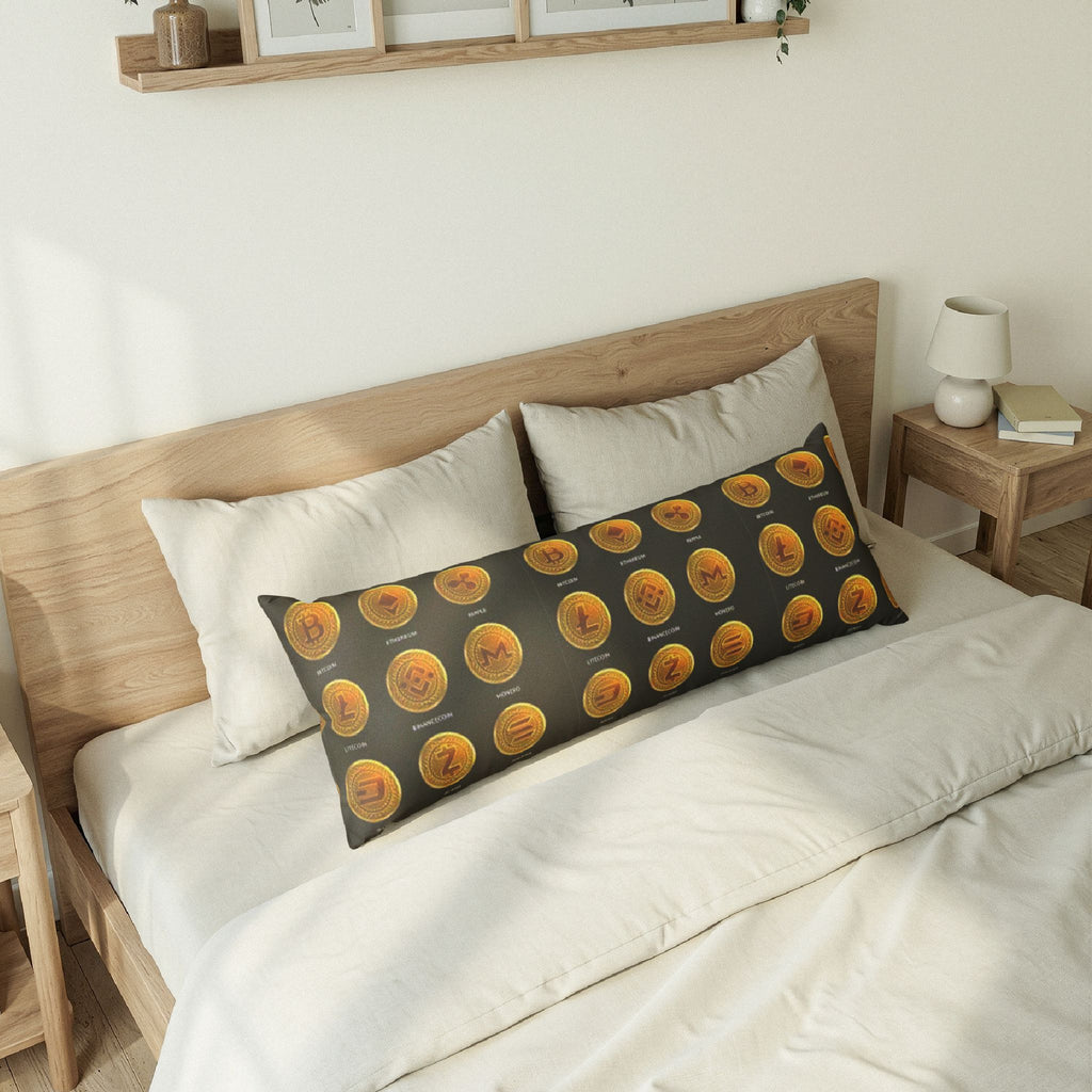 Cryptocurrency Coin Pattern Body Pillow | Bitcoin Ethereum Litecoin Decor