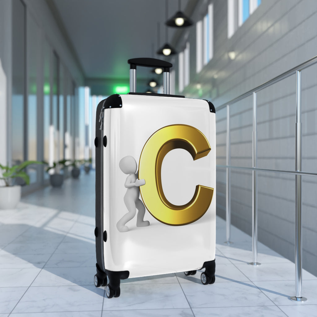 3D Character Pushing Gold Letter C Suitcase | Monogram Luggage