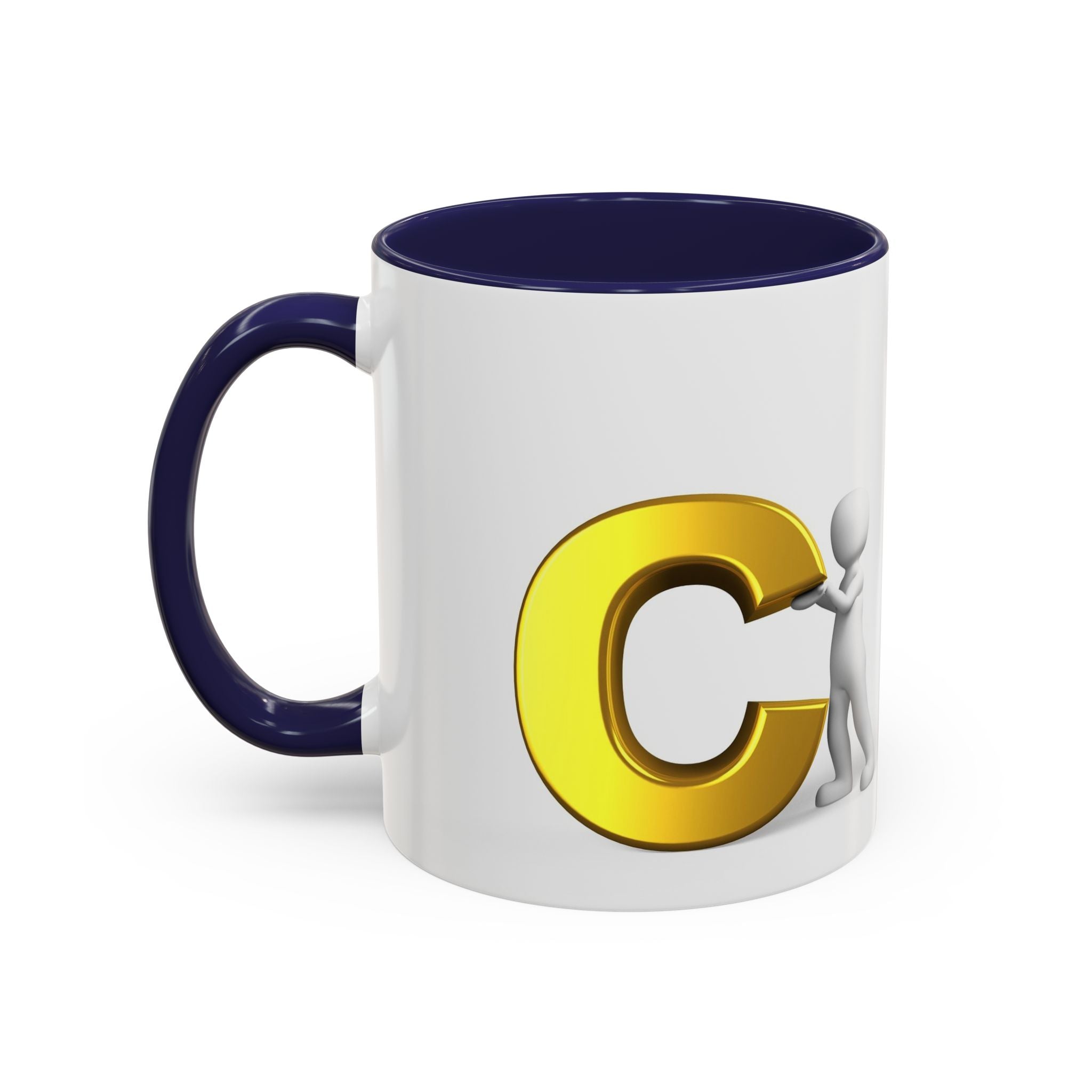 3D Stick Figure Holding Gold Letter C Accent Coffee Mug | Initial Monogram Mug