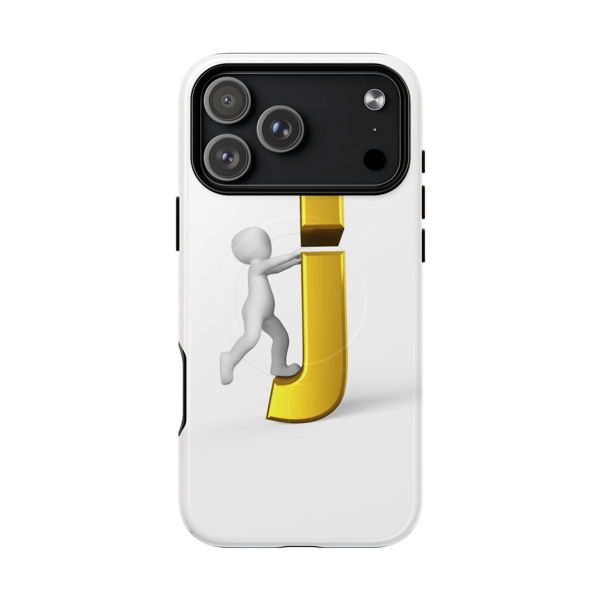 Coque de téléphone 3D Bonhomme allumette Poussant la lettre J dorée | Coque magnétique robuste