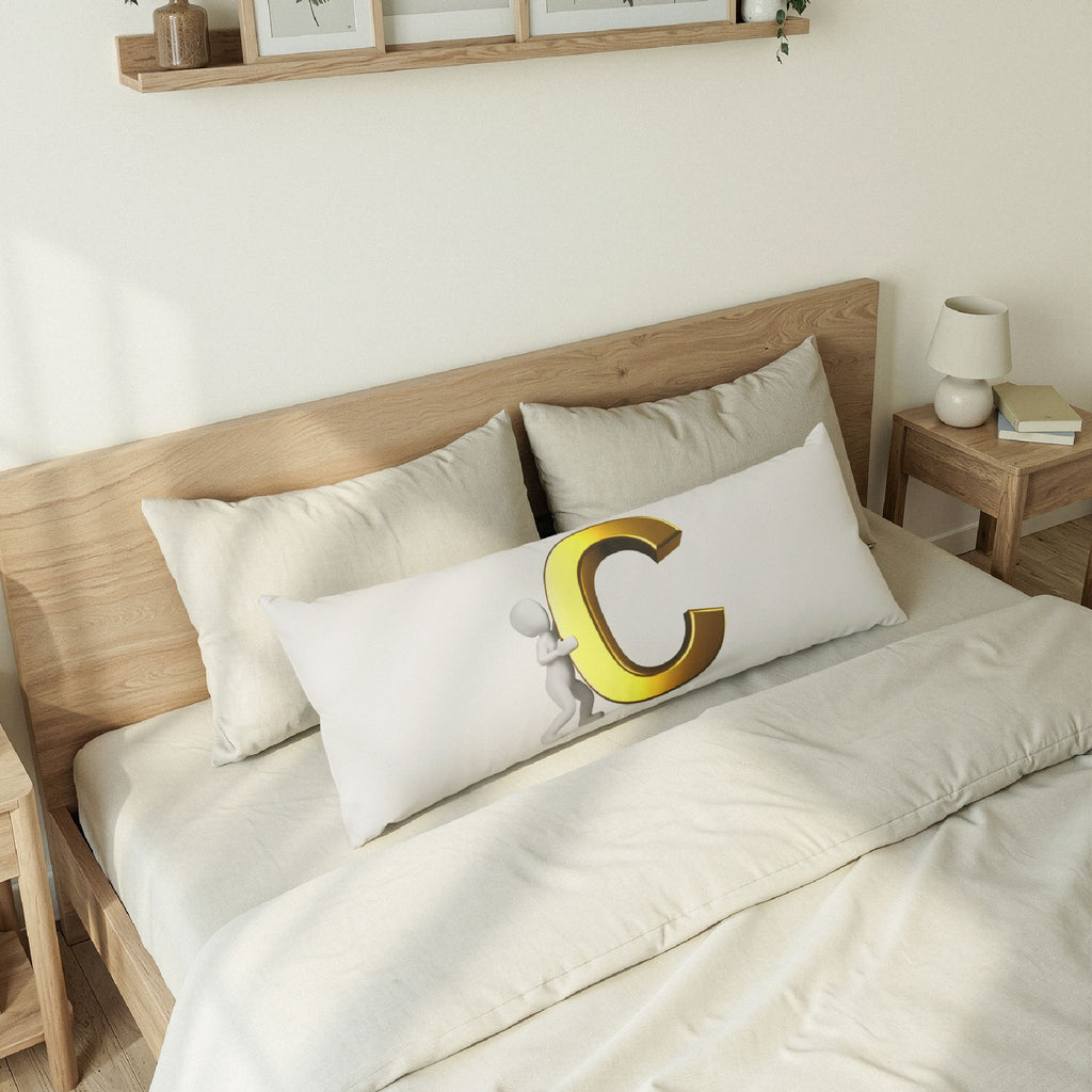 Gold Letter C with Stick Figure Body Pillow | Monogram Initial C Pillow