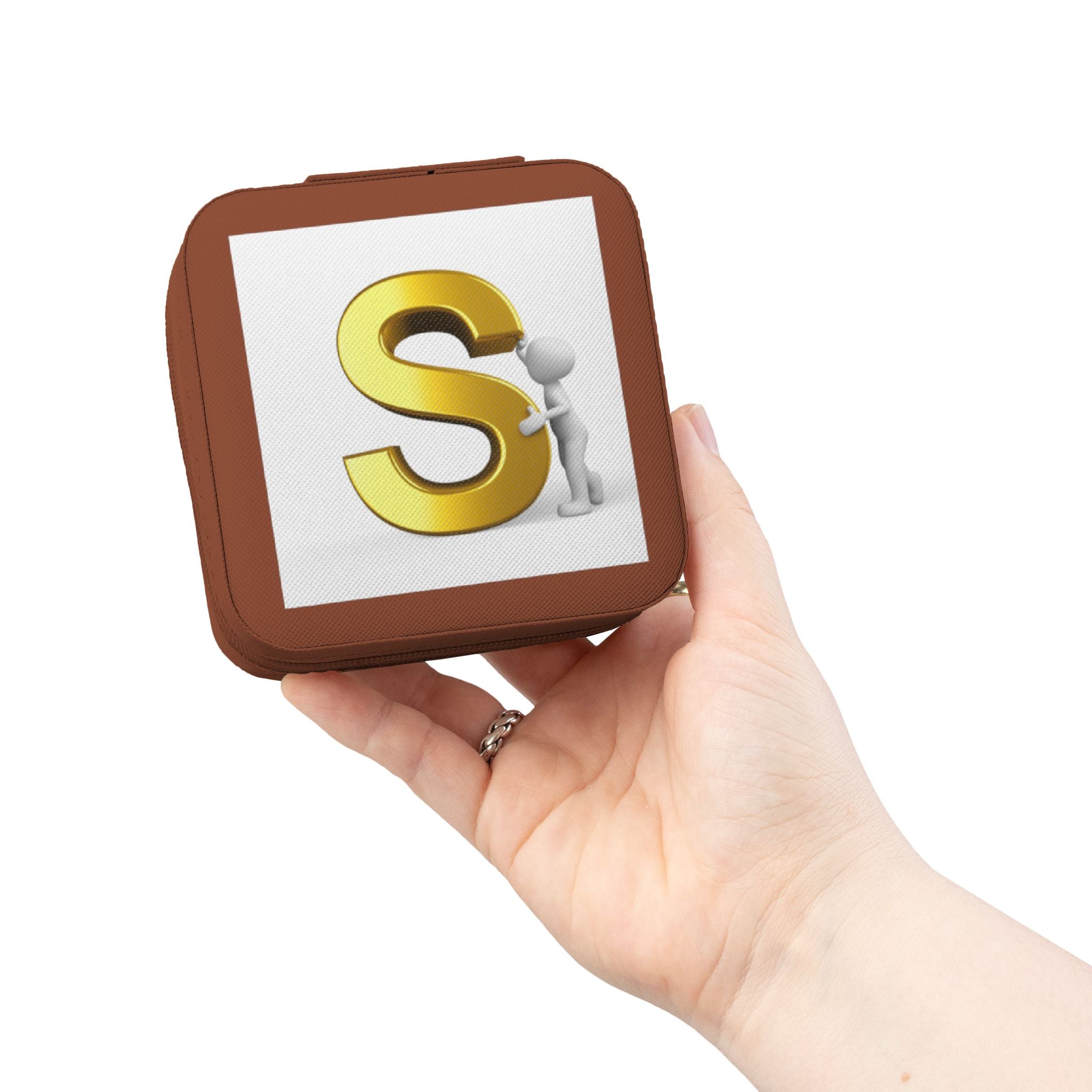 Étui de voyage carré compact pour bijoux avec monogramme doré S | Organisateur de bijoux de voyage