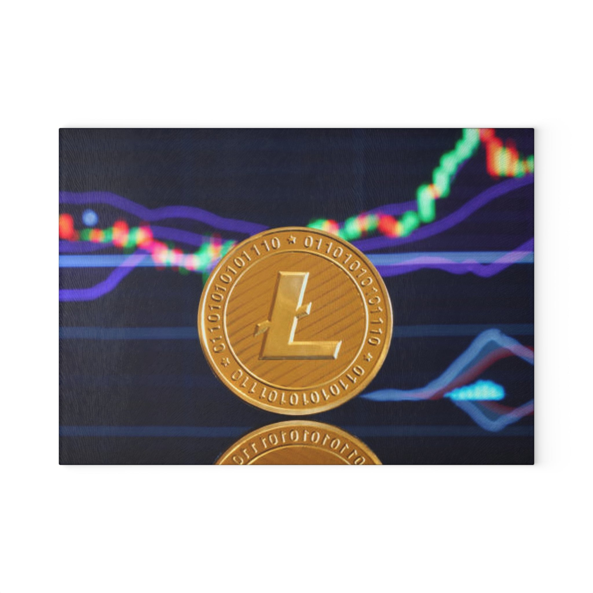Litecoin Coin with Crypto Market Chart Glass Cutting Board | Cryptocurrency Kitchen Decor