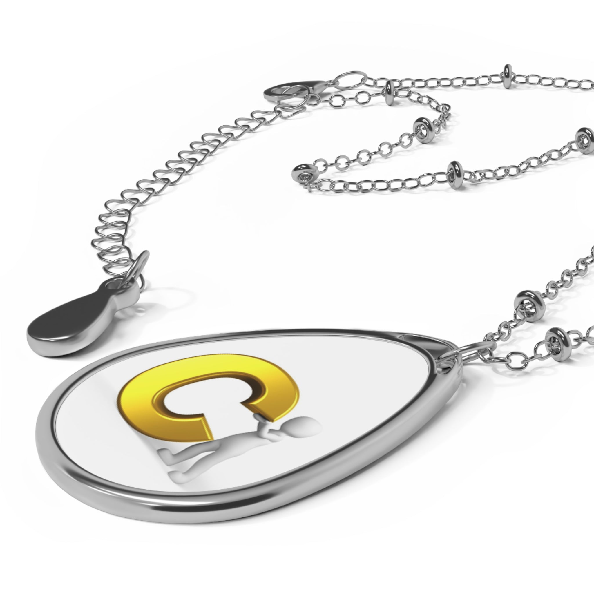 Personalized Initial Oval Necklace — Silver Teardrop Pendant with Monogram C