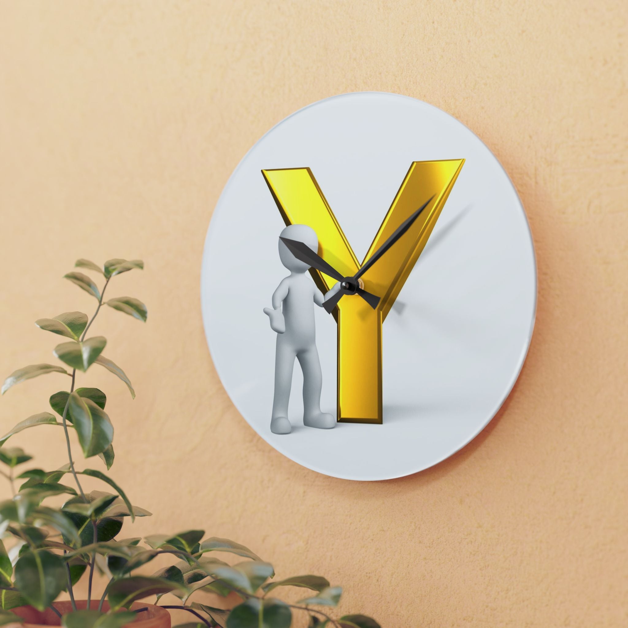 Yellow Gold Letter Y with 3D Figure Acrylic Wall Clock | Monogram Initial Decor