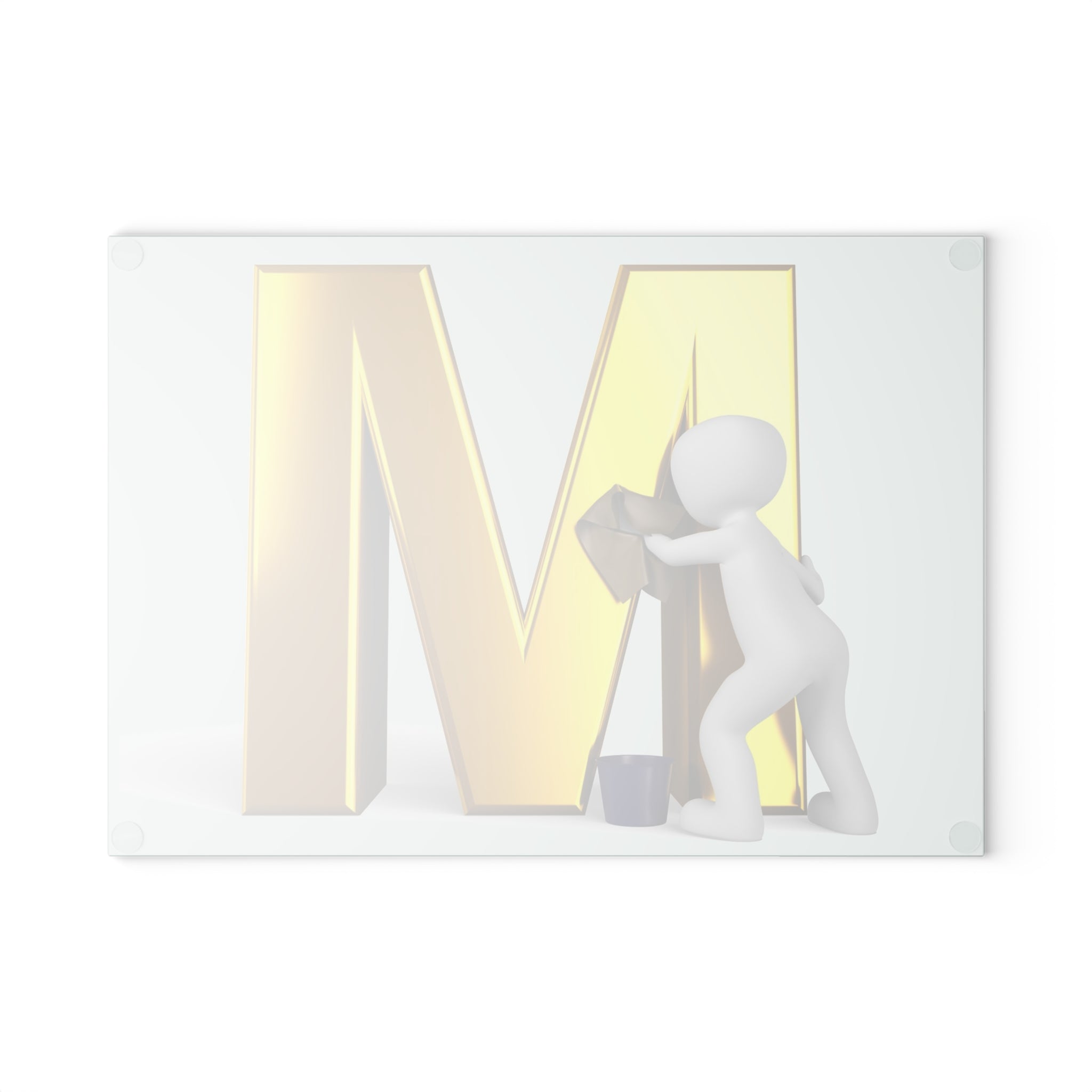 Gold Letter M with Cleaner Illustration Glass Cutting Board | Monogram Kitchen Decor