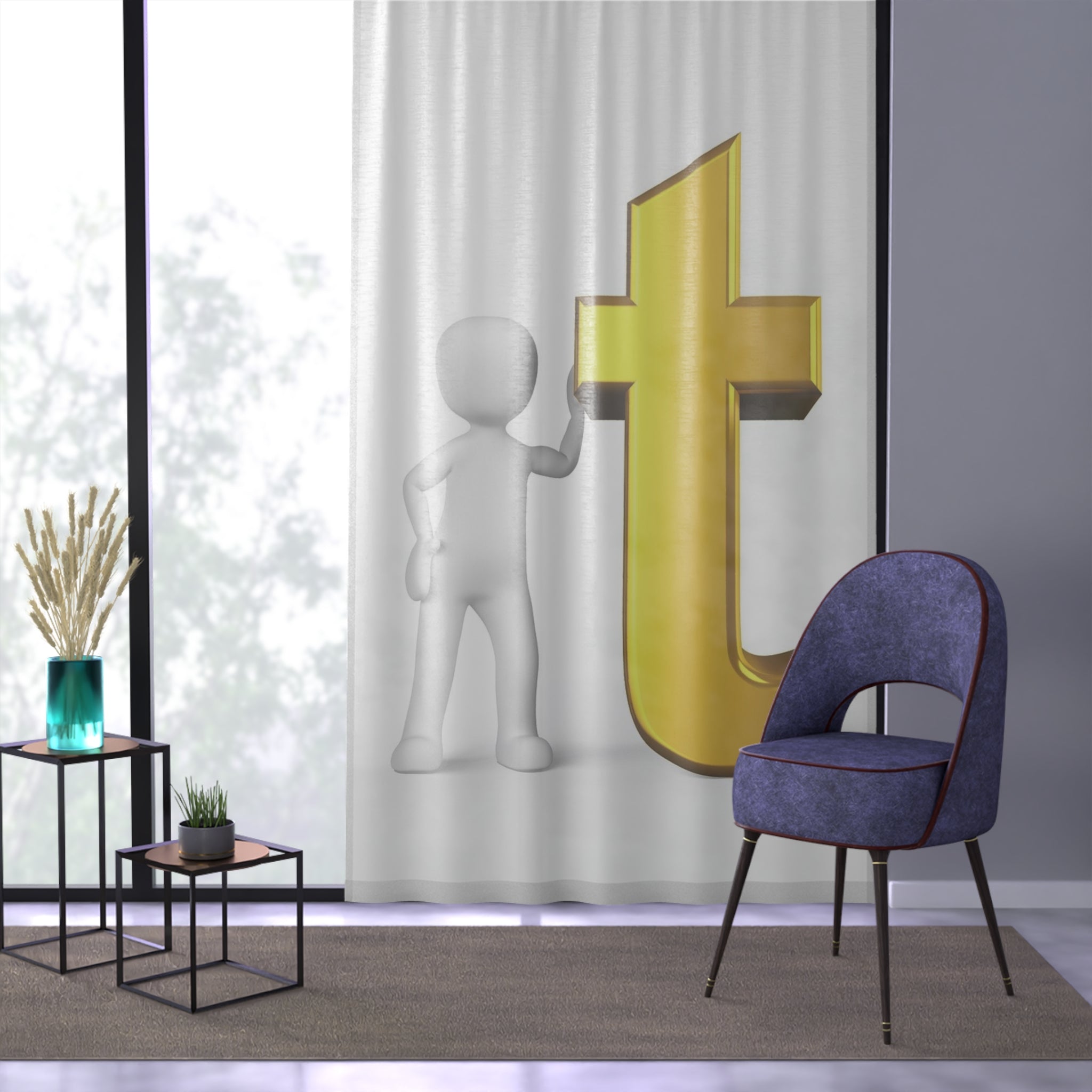 3D Stick Figure with Gold Letter t Window Curtain | Modern Typography Sheer Panel