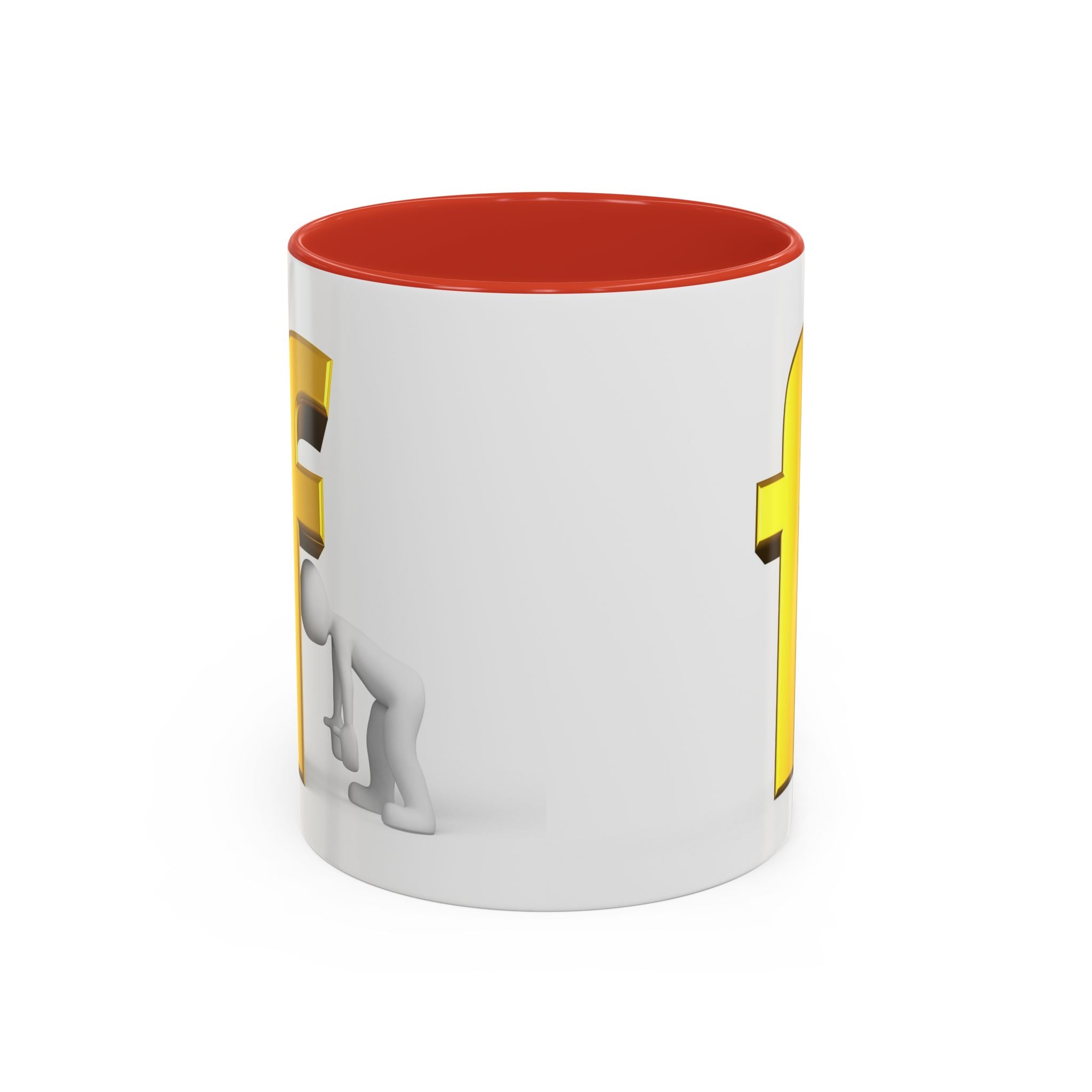3D Tiny Figure Leaning on Gold Letter F Mug | Accent Coffee Mug