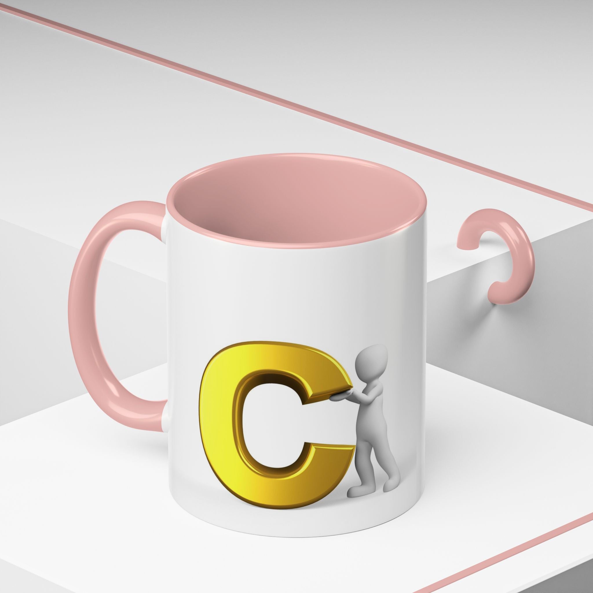 3D Stick Figure Holding Gold Letter C Accent Coffee Mug | Initial Monogram Mug