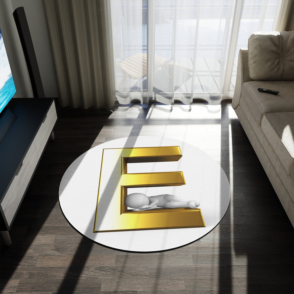 Gold 3D Letter E with Sleeping Figure Round Rug | Monogram Initial Decor