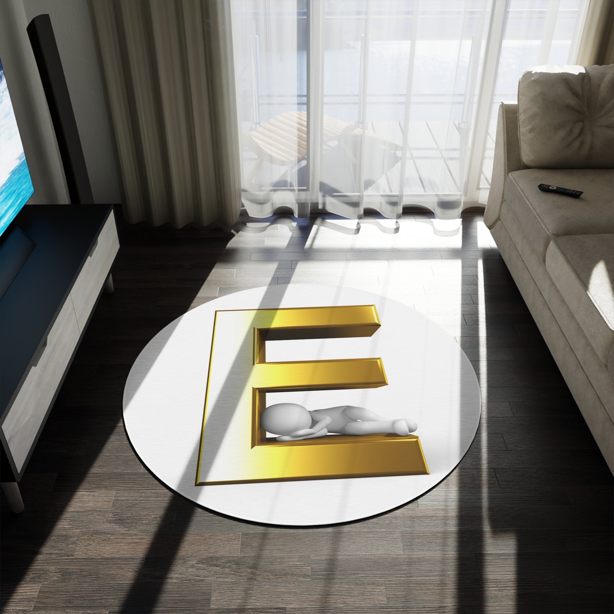 Gold 3D Letter E with Sleeping Figure Round Rug | Monogram Initial Decor