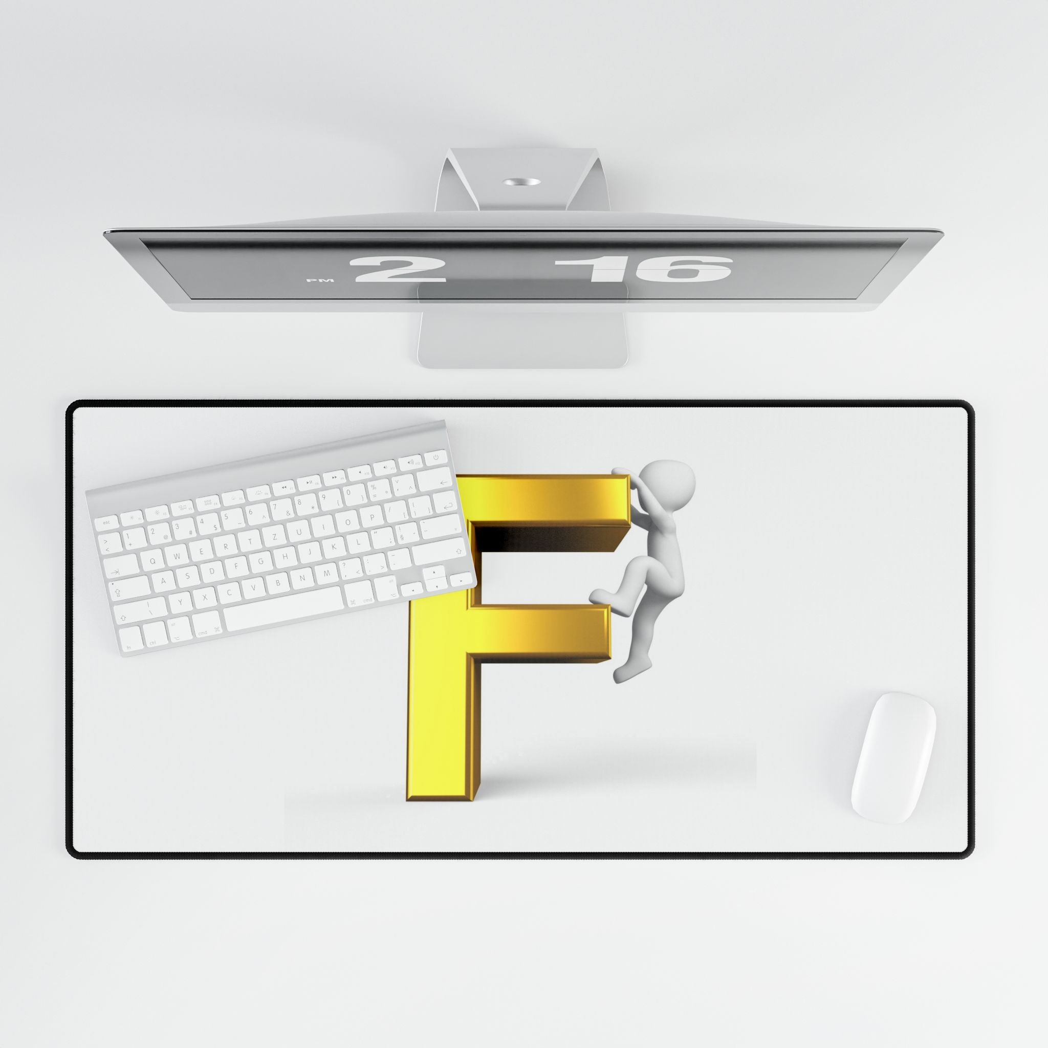 Climbing Stick Figure on Gold Letter F Desk Mat | Large Mousepad