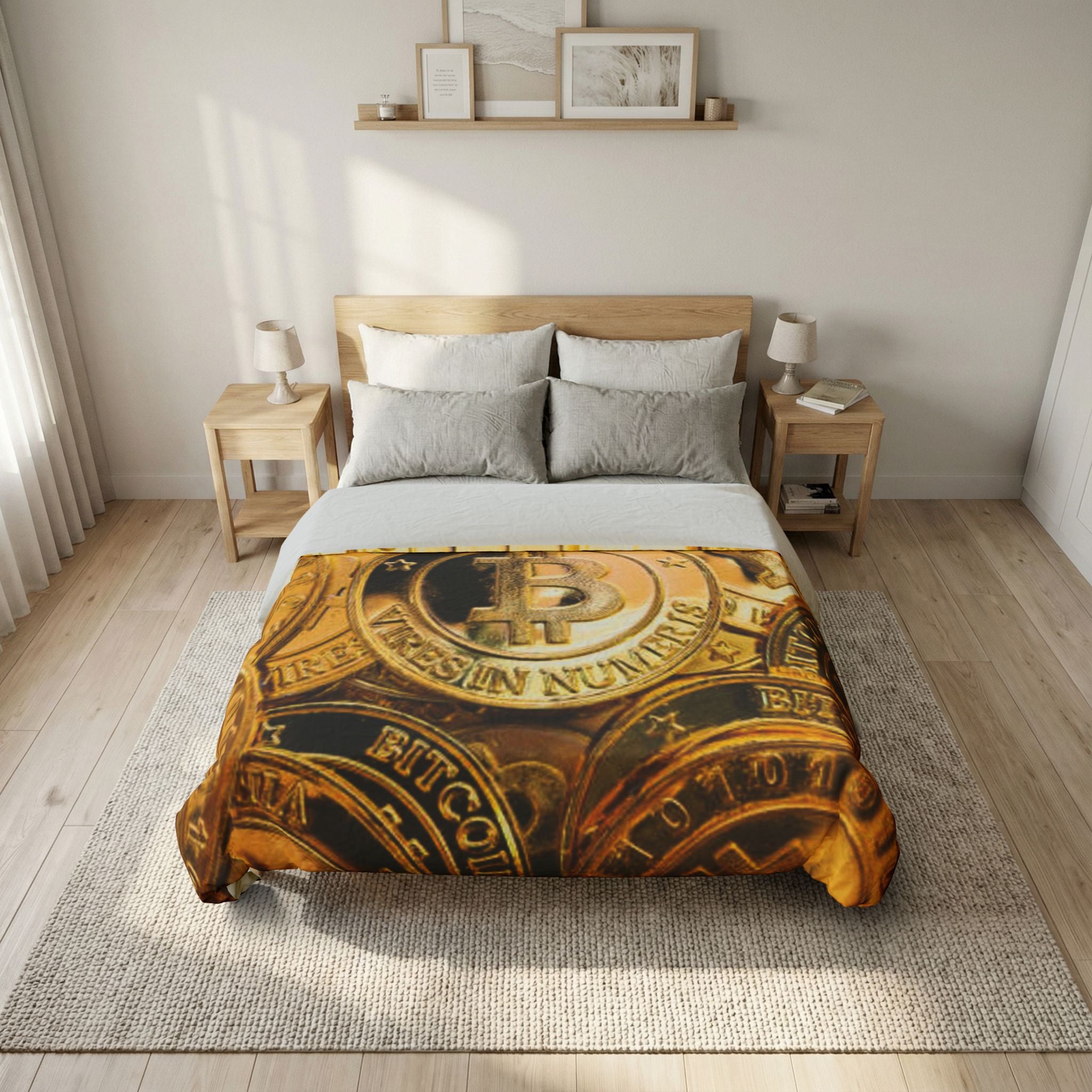 Bitcoin Coin Pile Duvet Cover | Cryptocurrency Bedding, Gold Coin Print