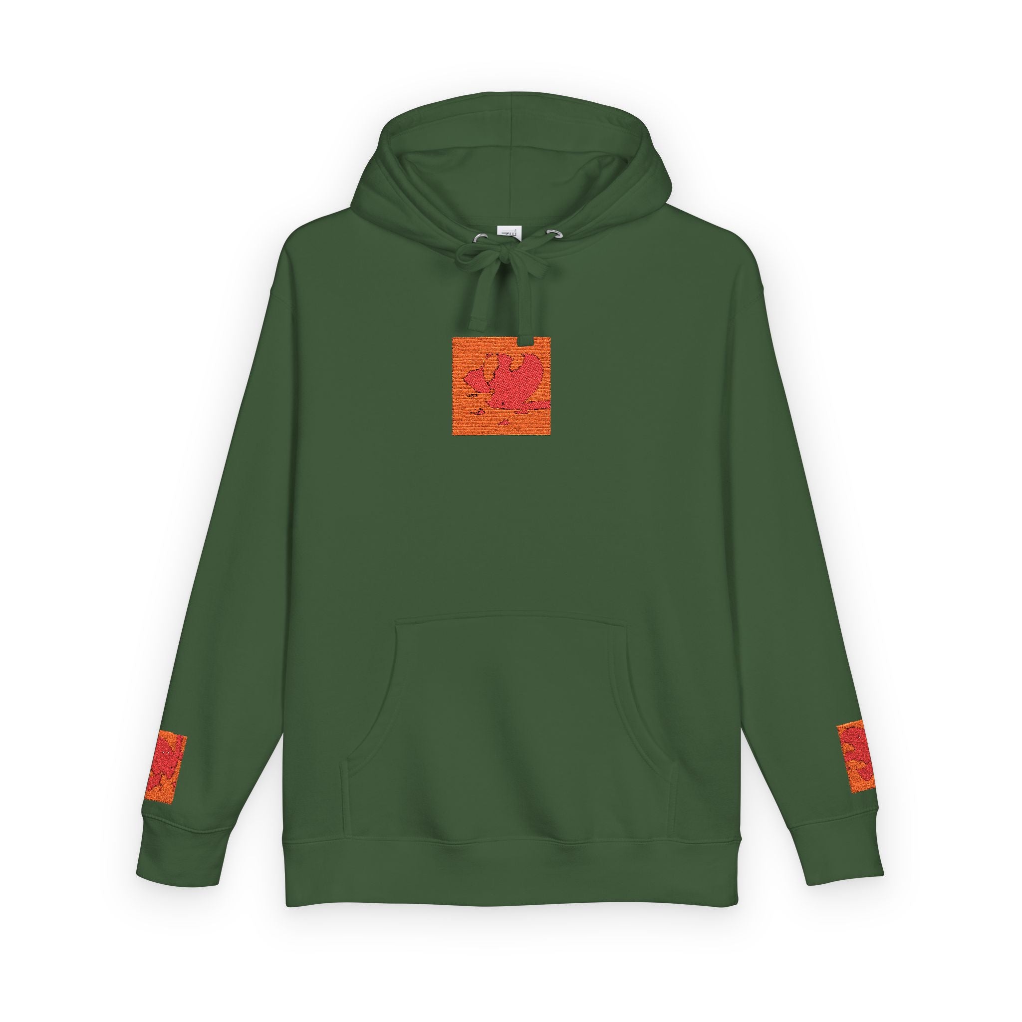 Orange Phoenix Pixel Art Hoodie | Square Chest & Sleeve Patch