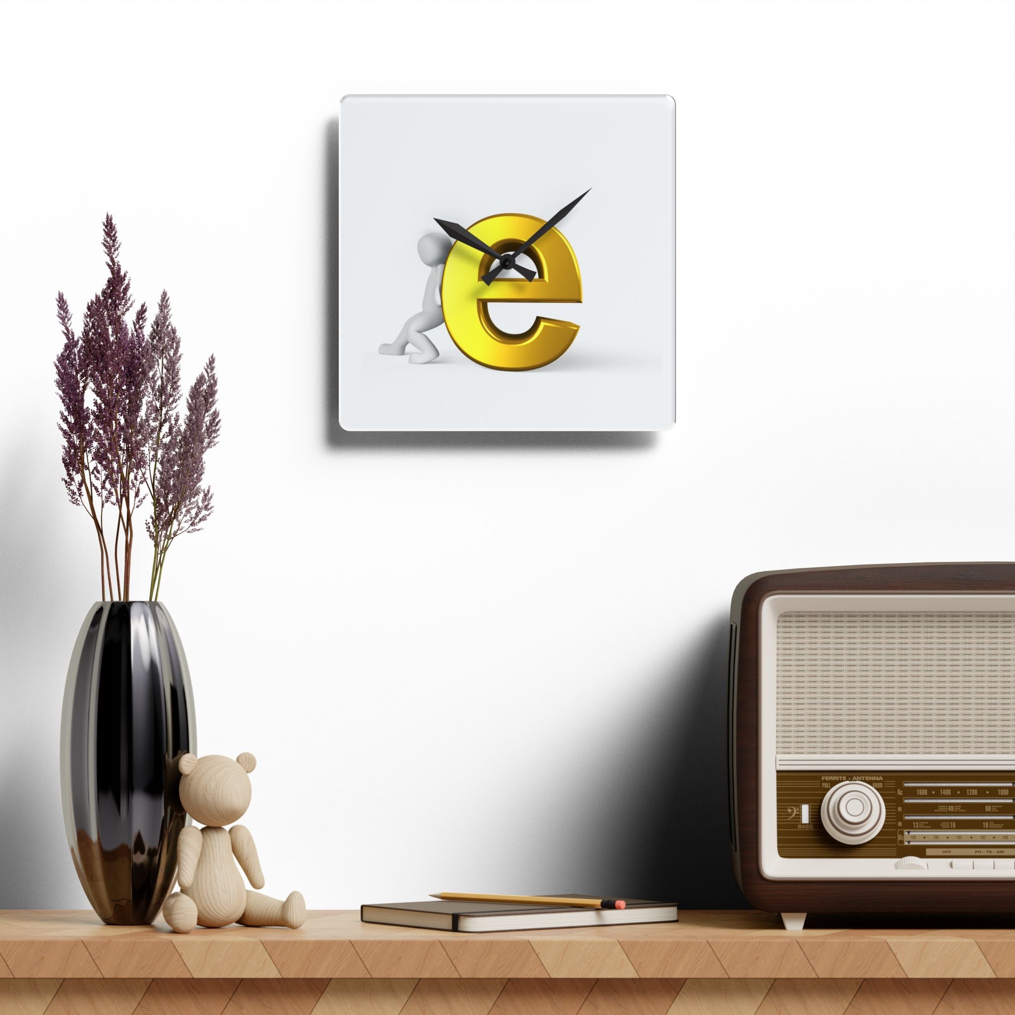 3D Gold Letter E with Figure Acrylic Wall Clock | Modern Alphabet Decor