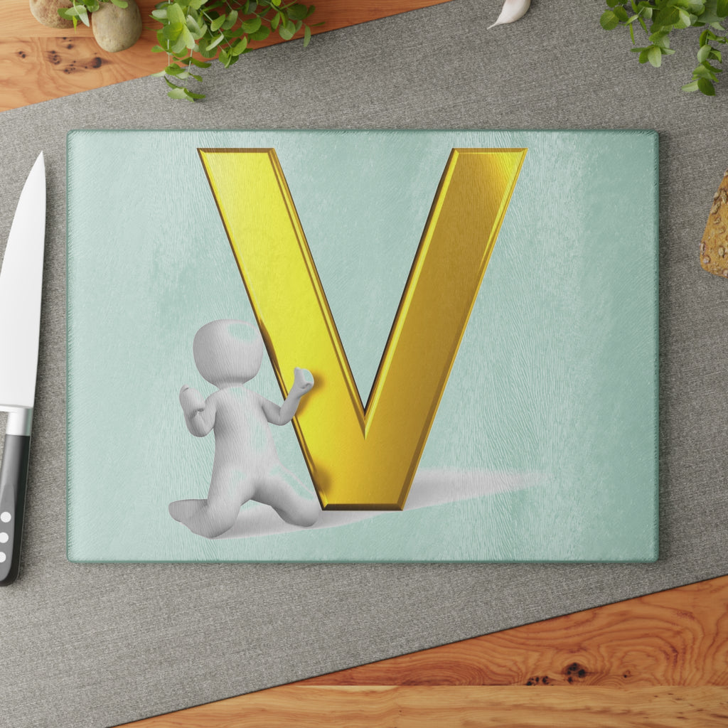 Gold Letter V with 3D Person Glass Cutting Board | Monogram Kitchen Décor