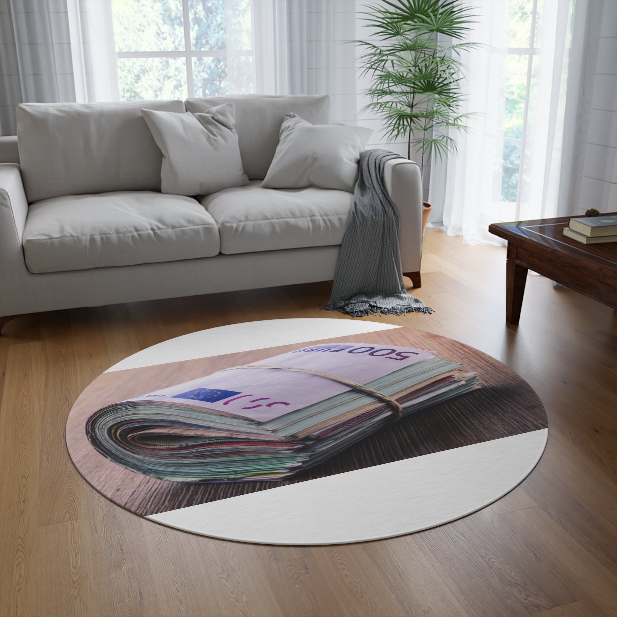 Stack of Euro Banknotes Round Rug | Money Print Round Rug, Currency Decor