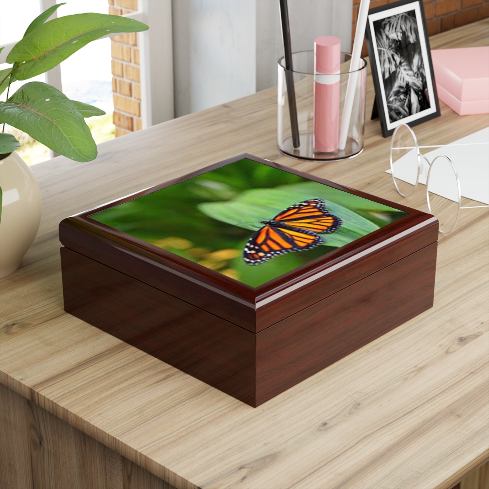 Monarch Butterfly Jewelry Box | Floral Green Nature Keepsake