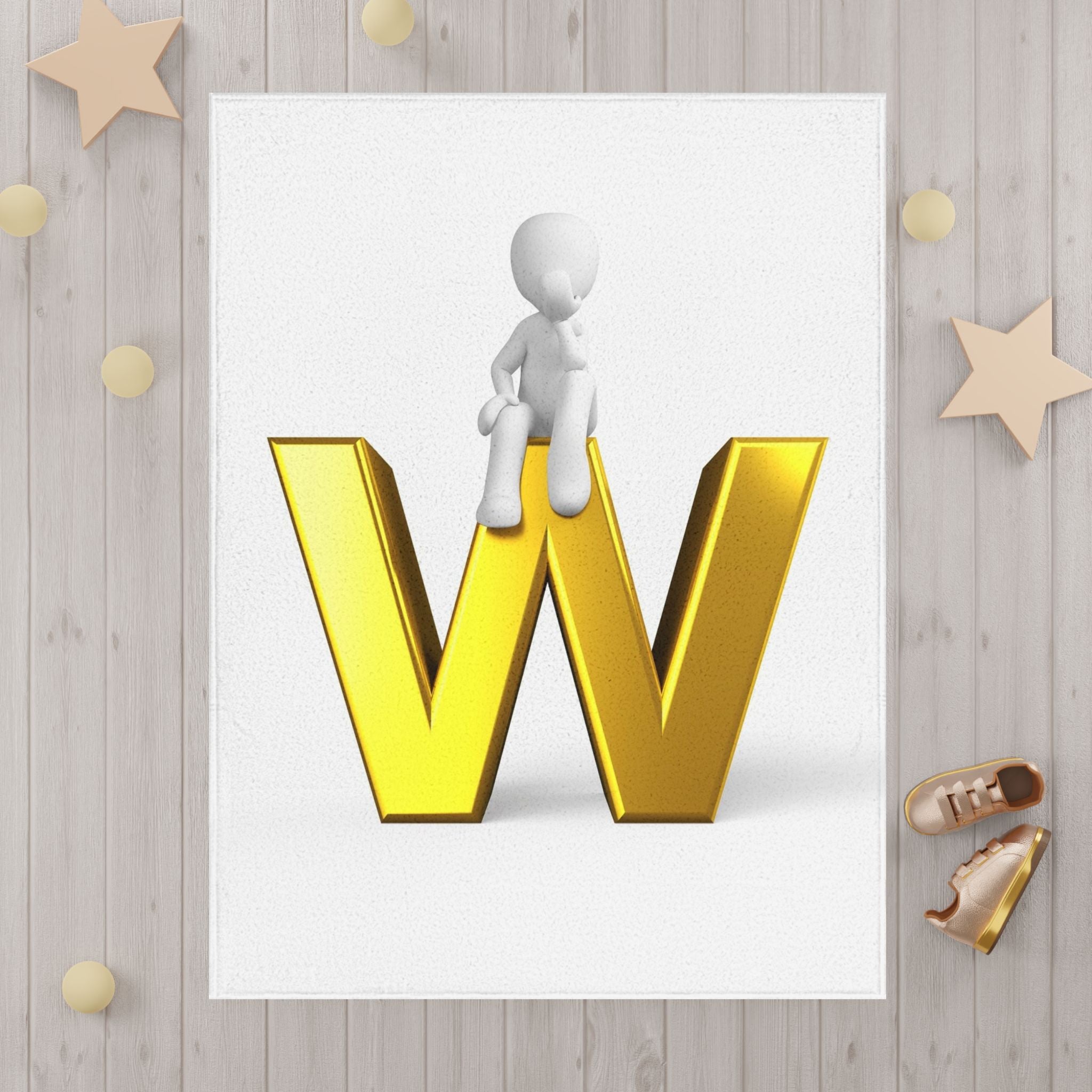 Gold Letter W with Sitting Figure Toddler Blanket | Monogram Initial W Blanket
