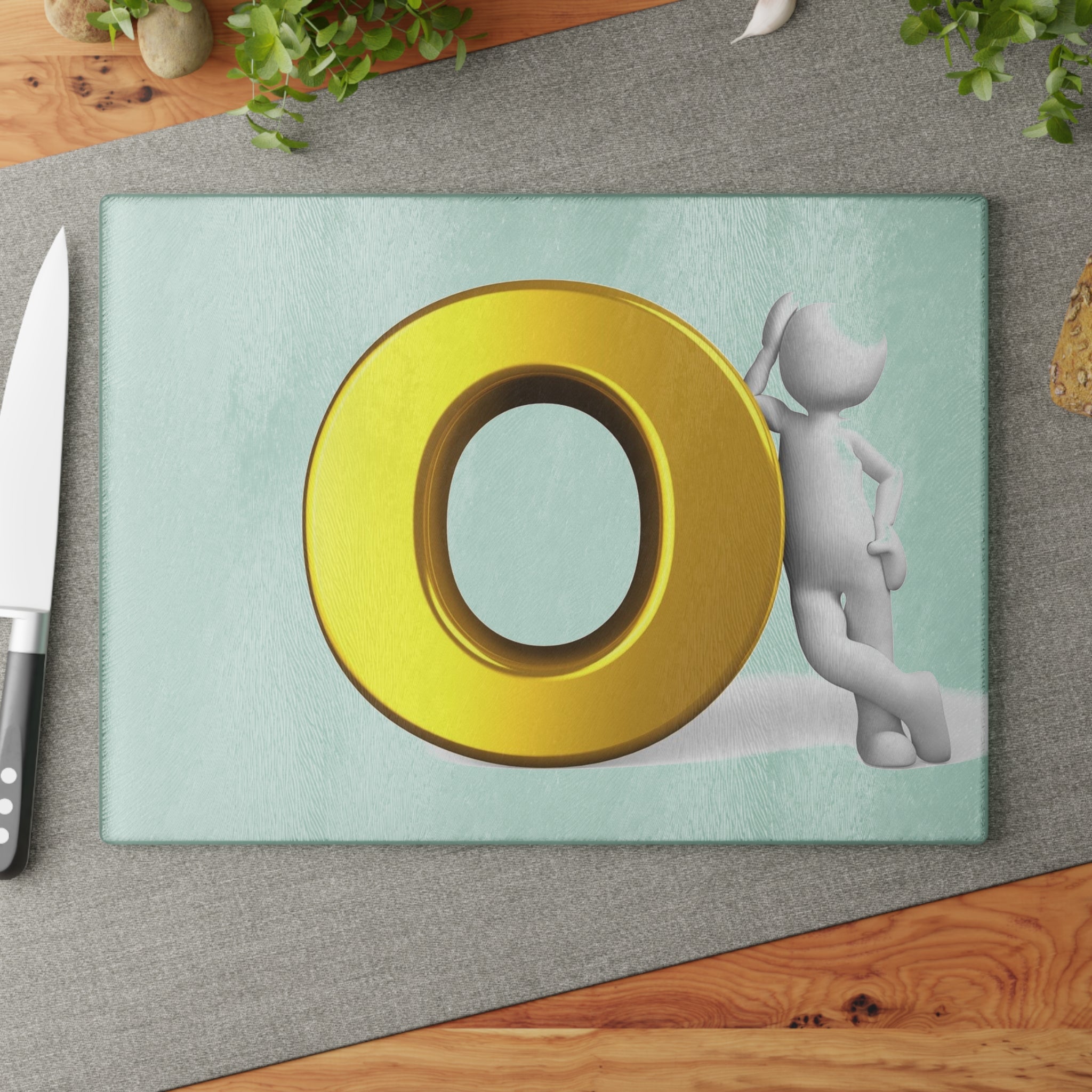 3D Gold Letter O  Character Glass Cutting Board | Decorative Kitchen Prep Surface