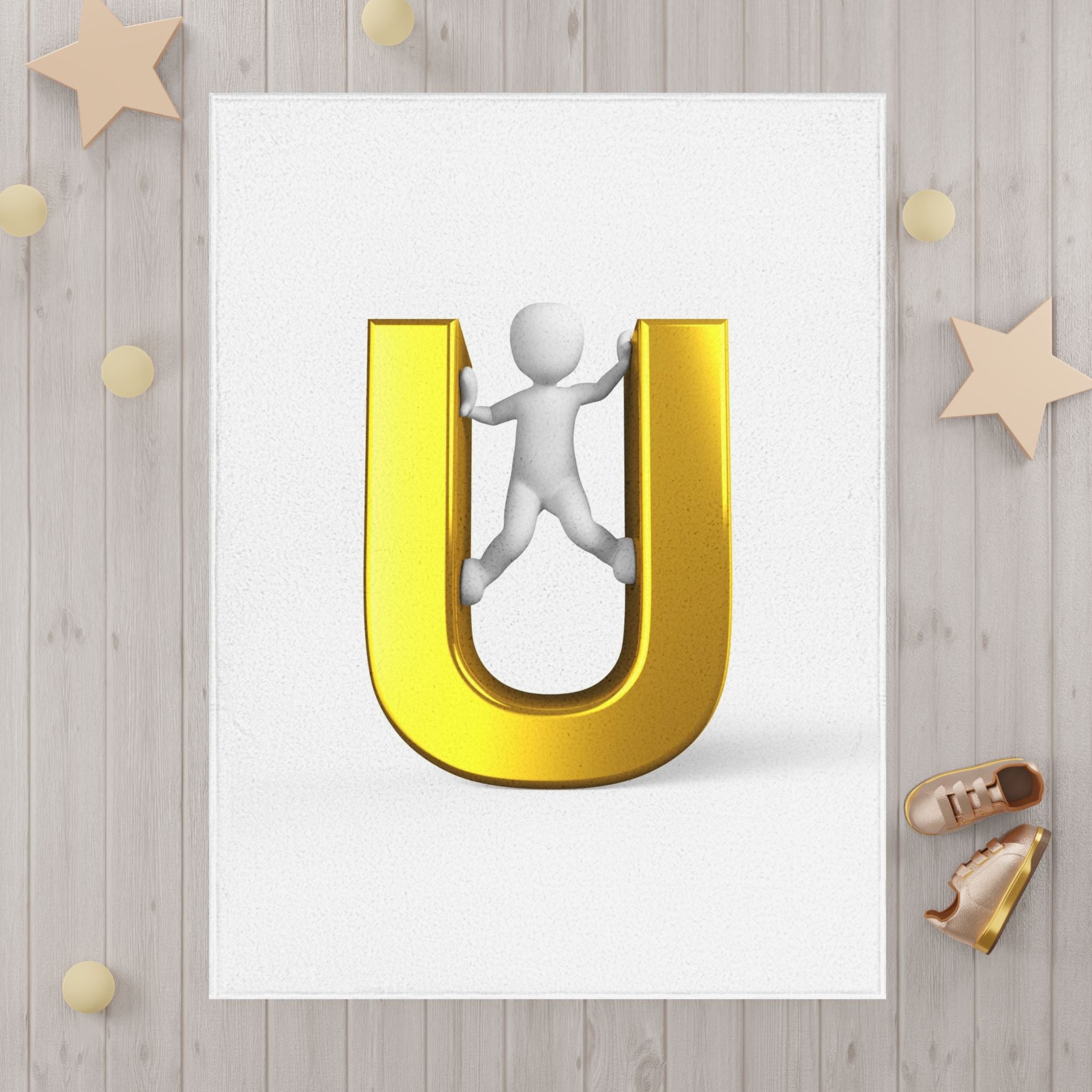 Gold Letter U with Playful Figure Toddler Blanket | Personalized Initial