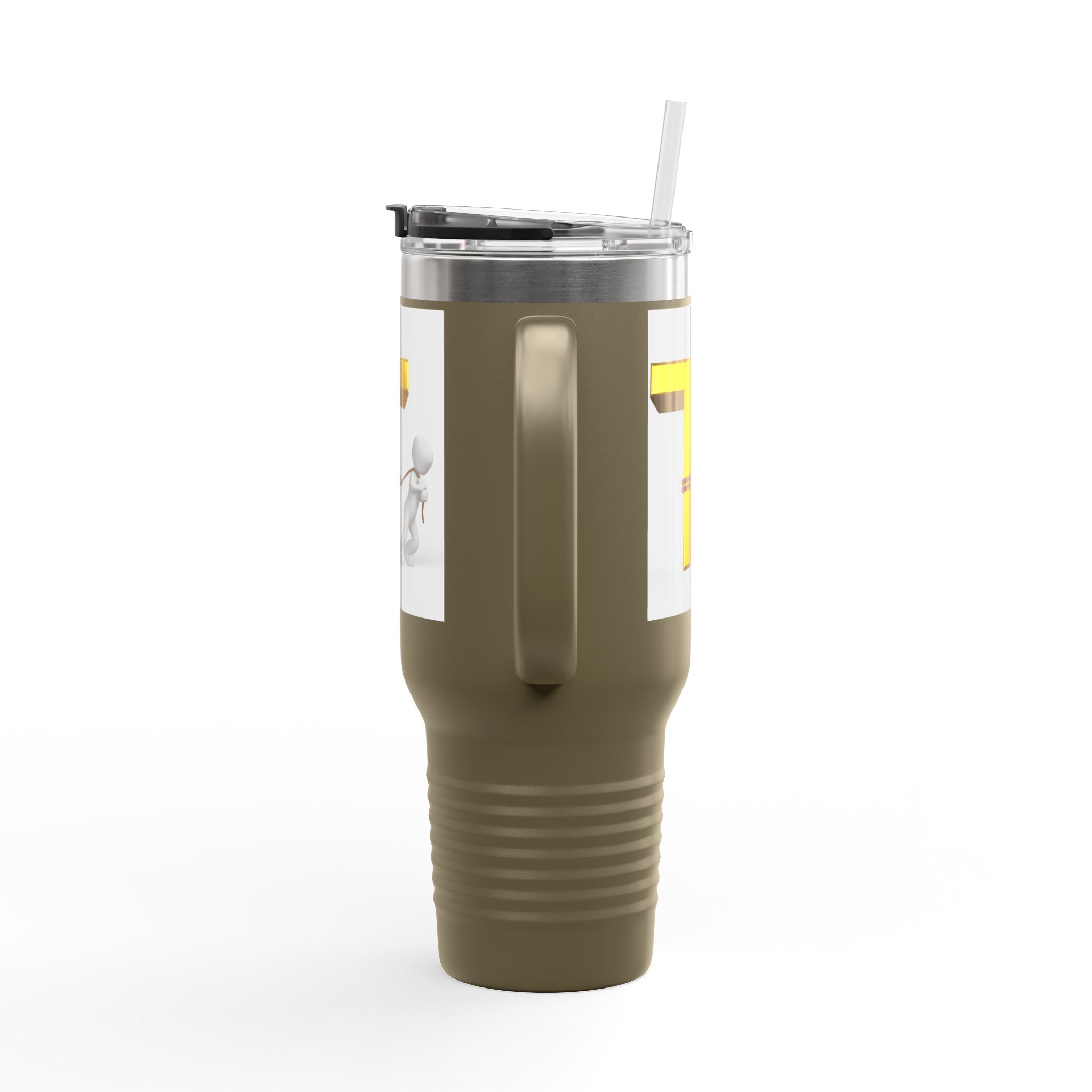 3D Stick Figure Pulling Gold Letter T Travel Mug | 40oz Insulated Tumbler