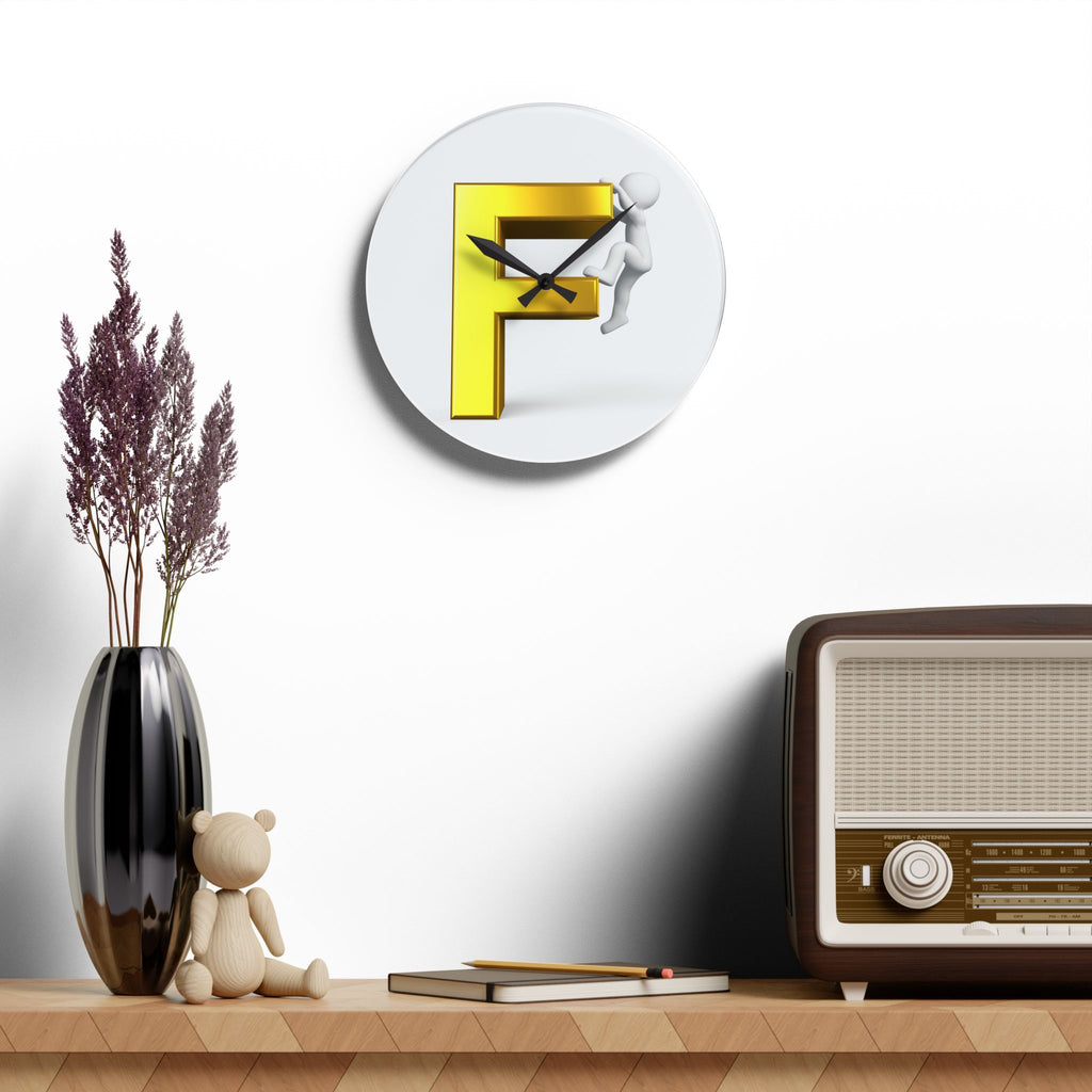 Gold Letter F with Climber Acrylic Wall Clock | Modern Initial Decor