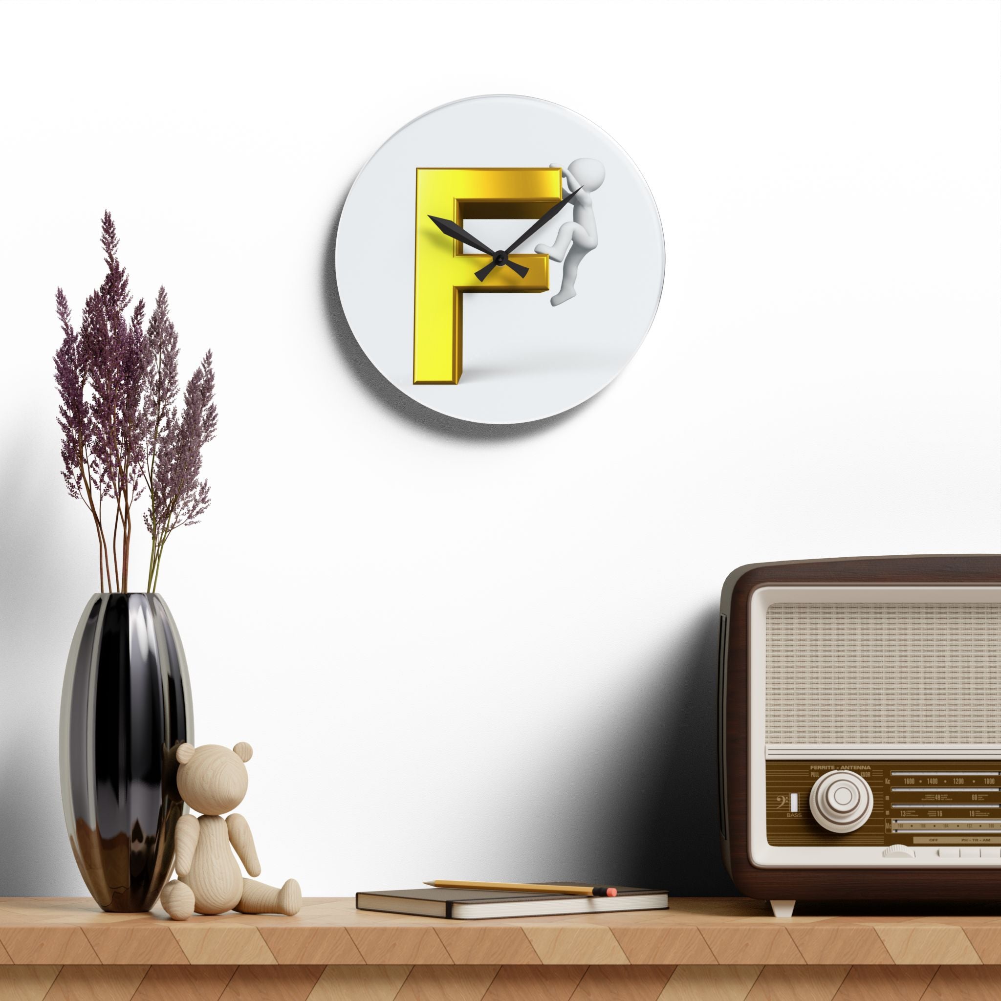Gold Letter F with Climber Acrylic Wall Clock | Modern Initial Decor