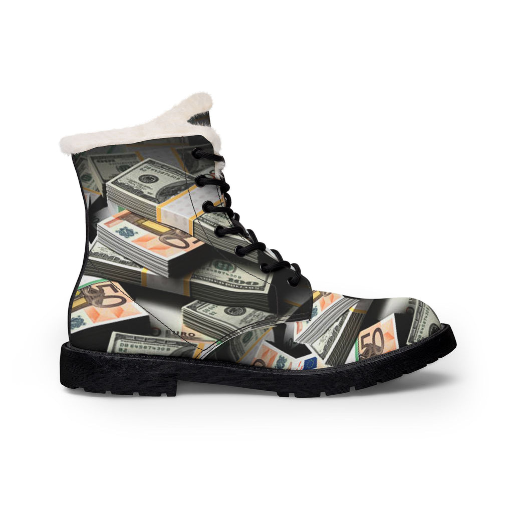 Stacked Cash Print Boots | Fur-Lined Leather Boots