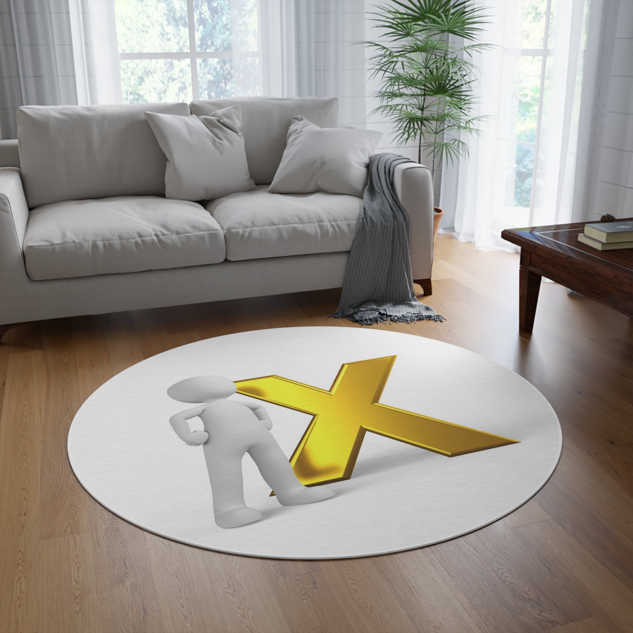 3D Figure with Gold X Round Rug | Monogram Accent Floor Mat