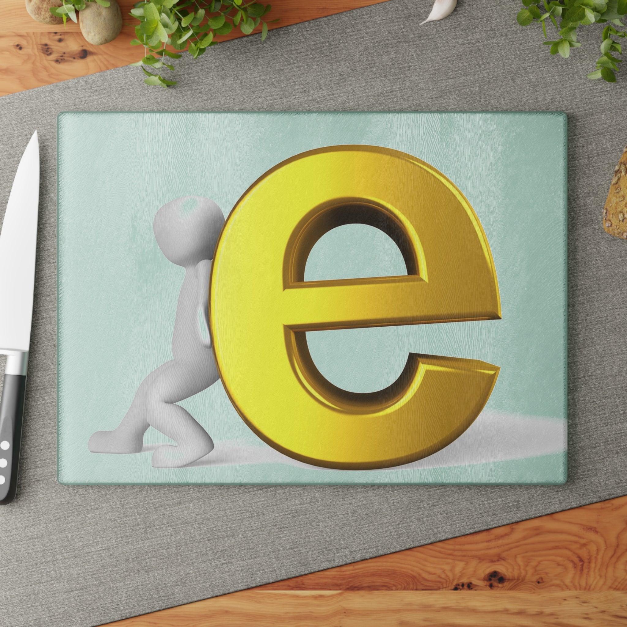 3D Gold Letter E with Figure Glass Cutting Board | Alphabet Kitchen Decor