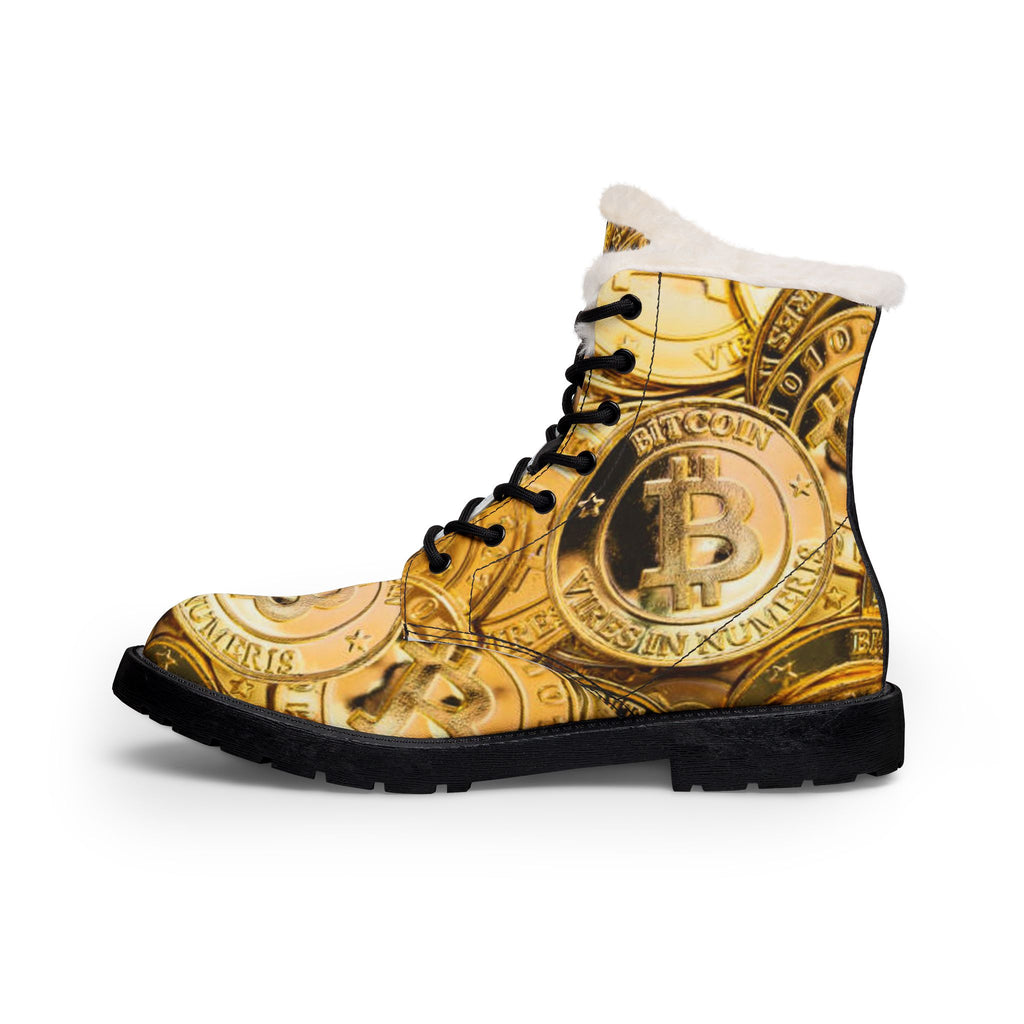 Bitcoin Coin Print Boots | Fur Lined Leather Boots