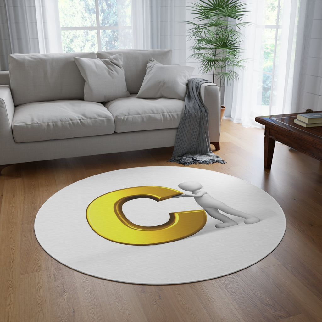 Gold Letter C with 3D Figure Round Rug | Monogram Initial Rug
