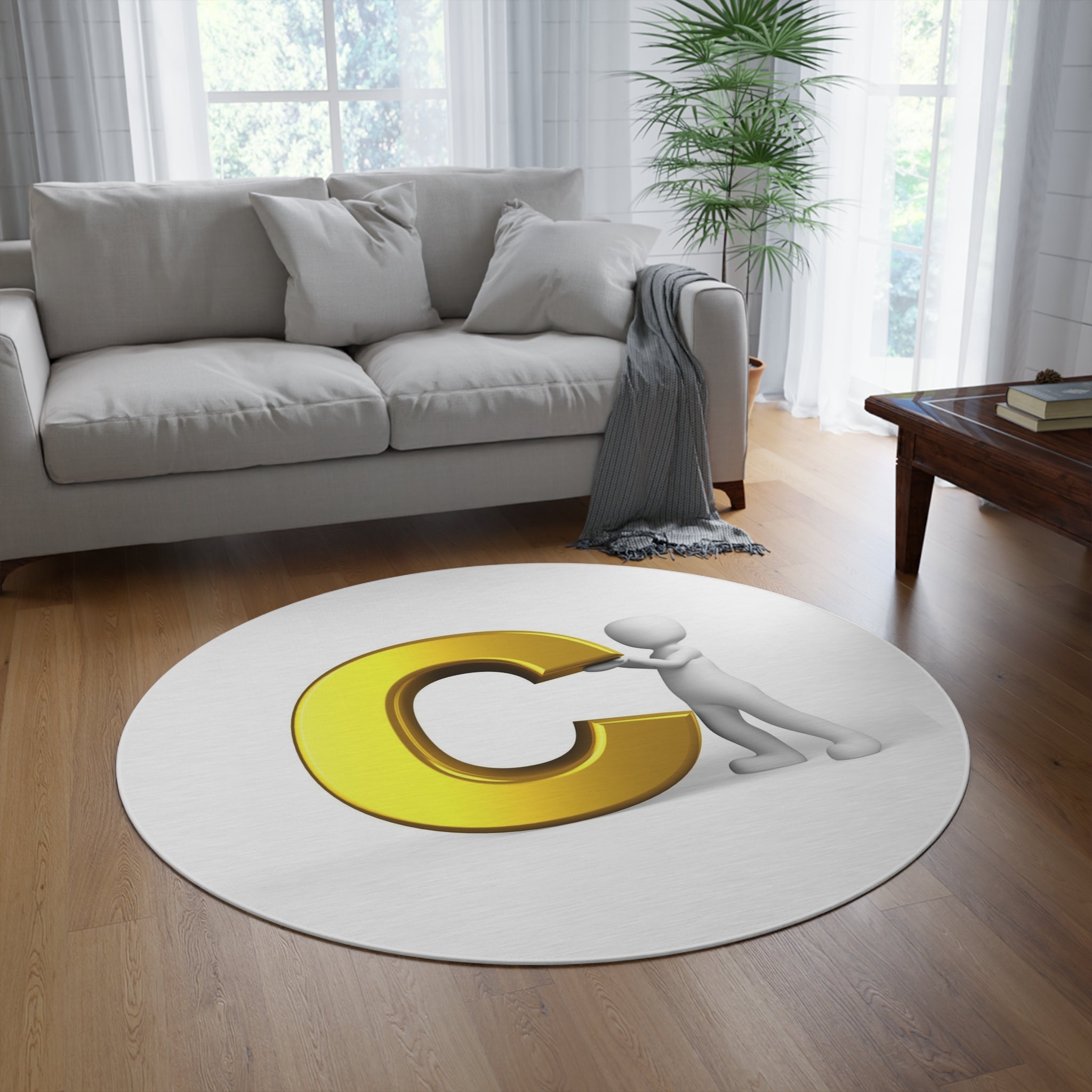 Gold Letter C with 3D Figure Round Rug | Monogram Initial Rug