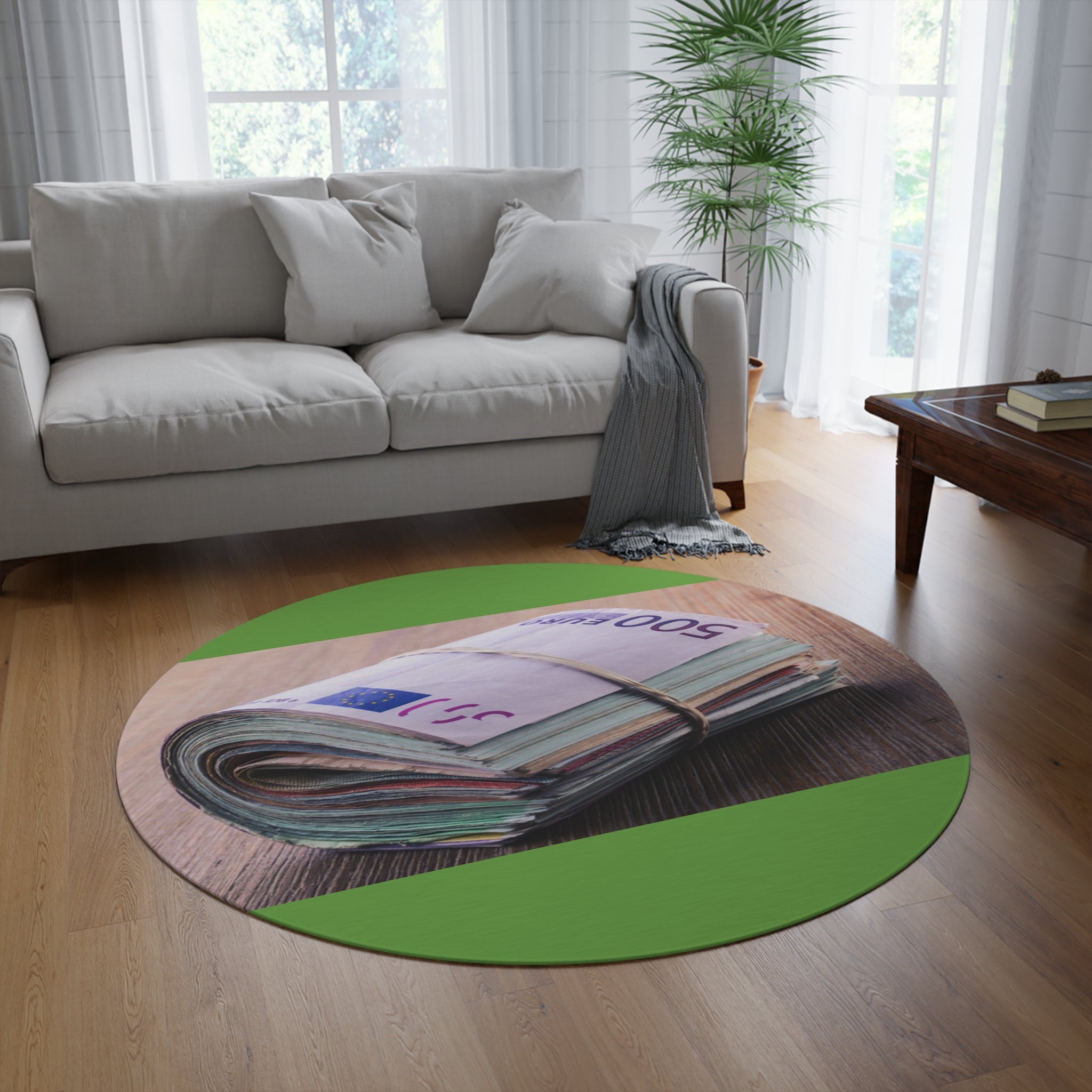 Bundle of Euro Cash Round Rug | Money Stack Round Mat, Green Accent