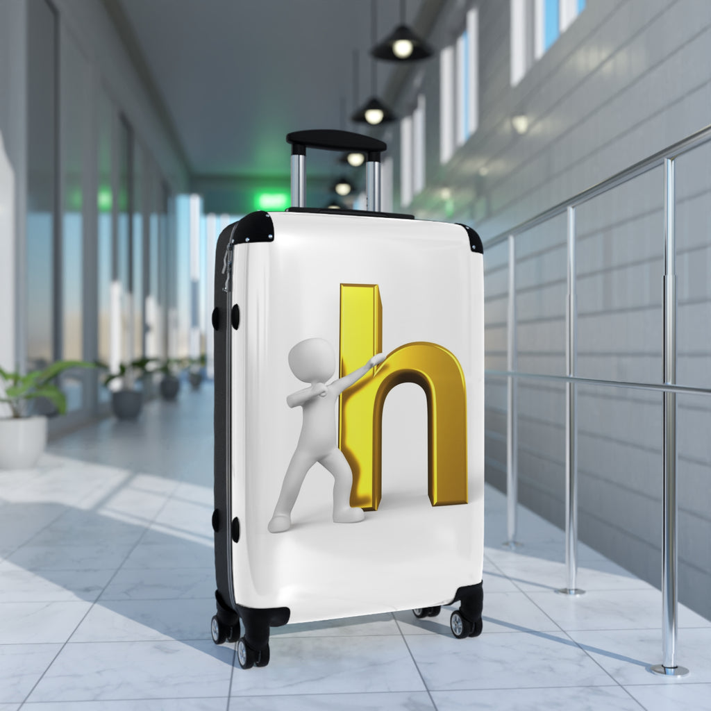 3D Person Standing Beside Gold Letter h Suitcase | Personalized Luggage Case