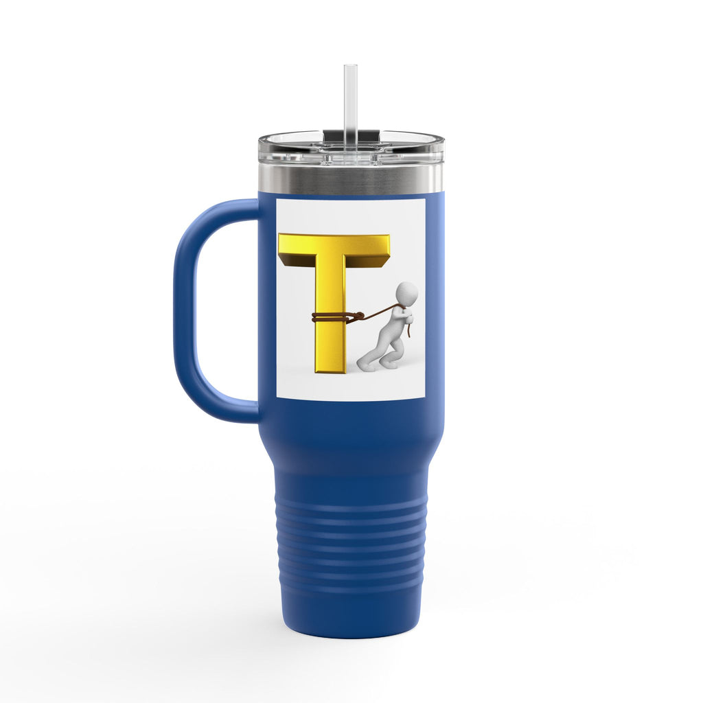 3D Stick Figure Pulling Gold Letter T Travel Mug | 40oz Insulated Tumbler