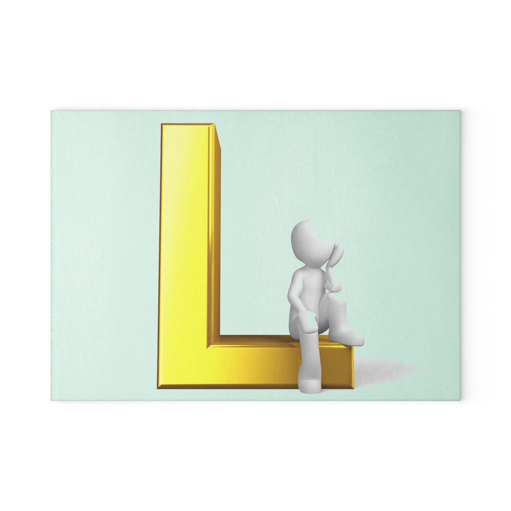 Gold Letter L with Sitting Figure Glass Cutting Board | Monogram Initial Kitchen Decor